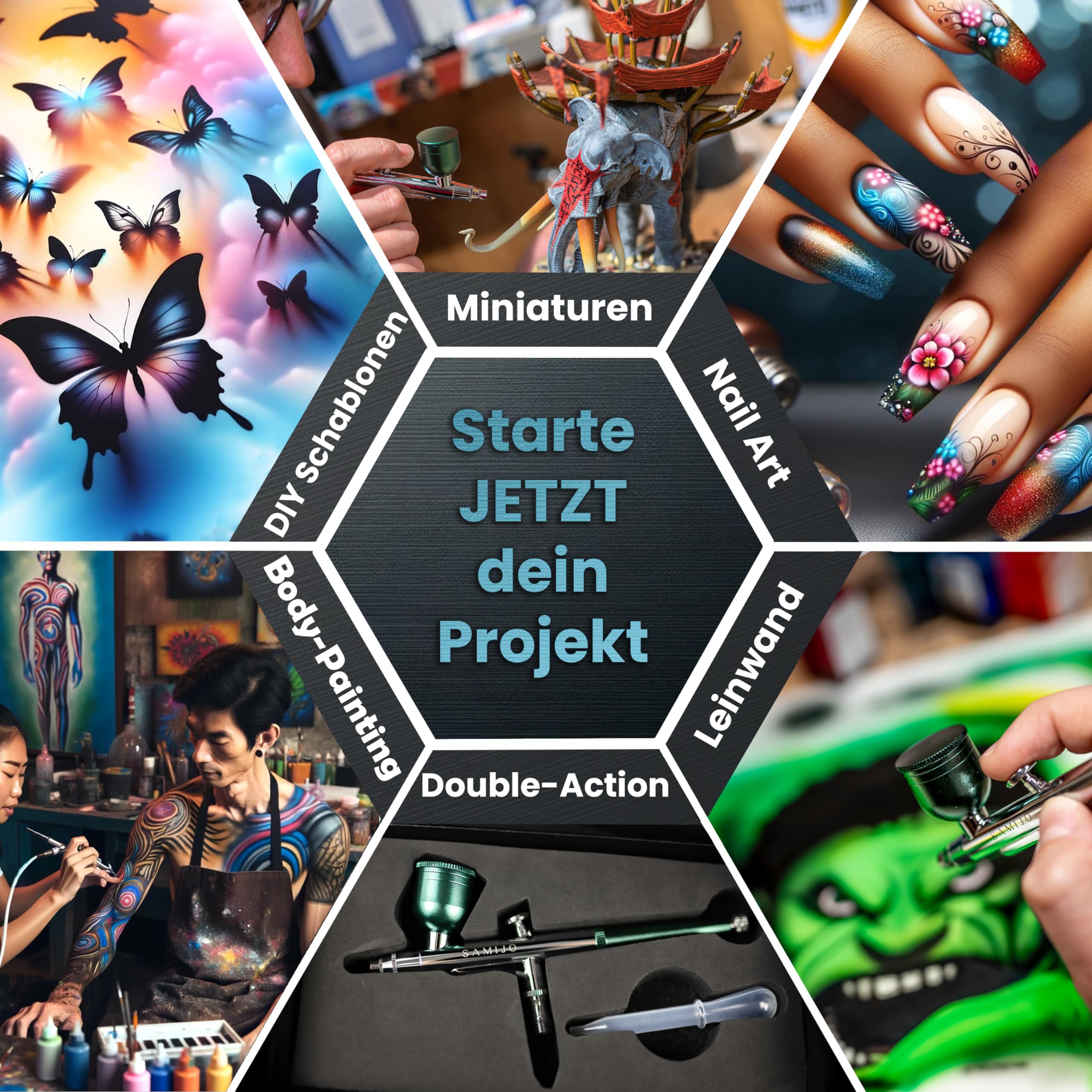 SAMIJO Airbrush Set mit Kompressor, leise, kompakt, vielseitig, Airbrush-Set für Einsteiger, inkl. [DIY SCHABLONEN] Dein Komplettset für Modellbau, Haut, Nails und vieles mehr, eisgrün