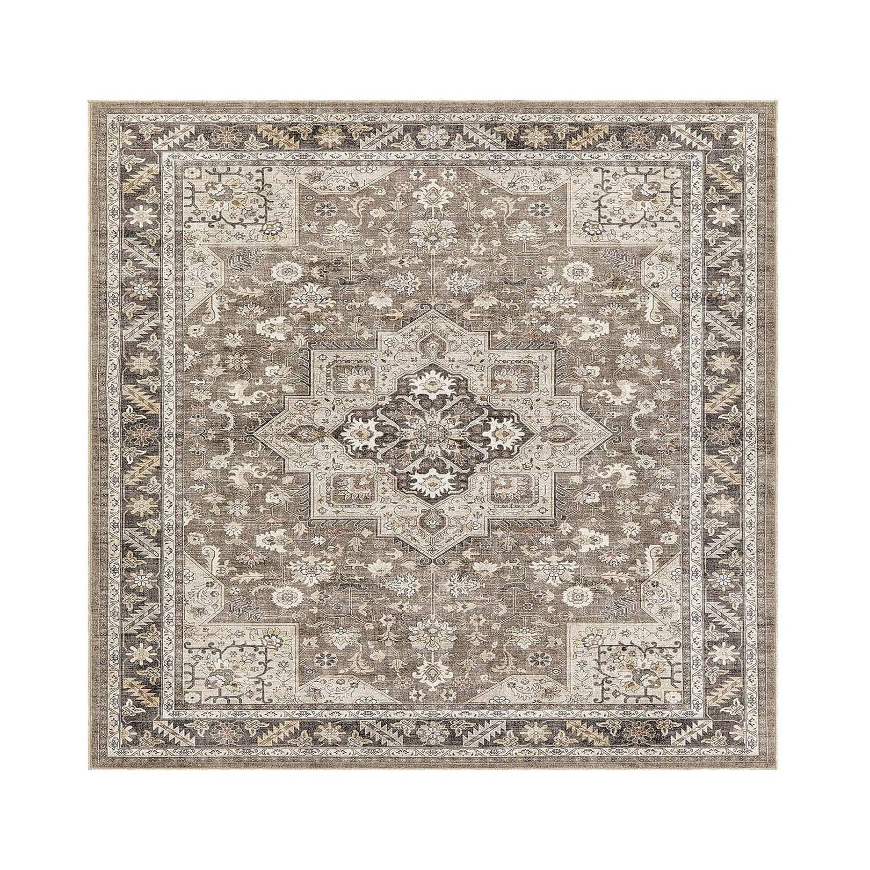 Tapis carré traditionnel haut de gamme en velours doux marron 200x200