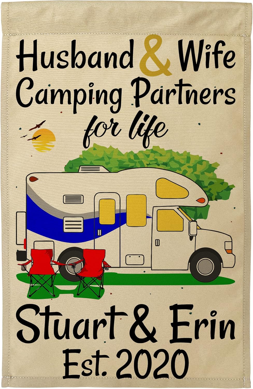 Husband & Wife Camping Partners for Life, Personalized Campsite Flag with 2 Lines of Custom Text, Class C Motorhome with Blue Trim on Tan Fabric