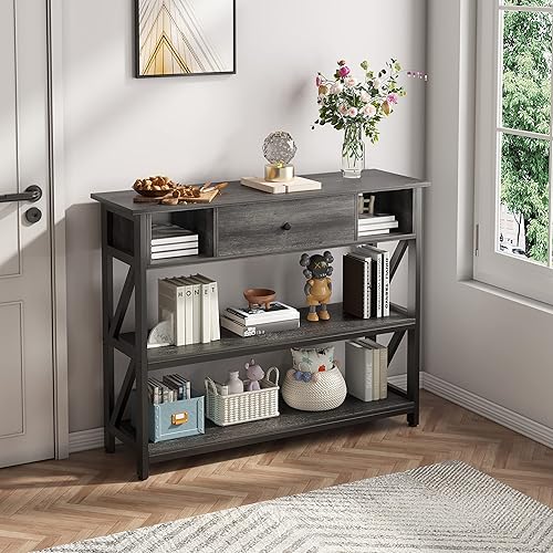 Miniatura 4 de Mexin Mesa de sofá consola de 39 pulgadas con cajón, mesa de entrada con estantes de almacenamiento, mesa de pasillo de madera industrial para sala