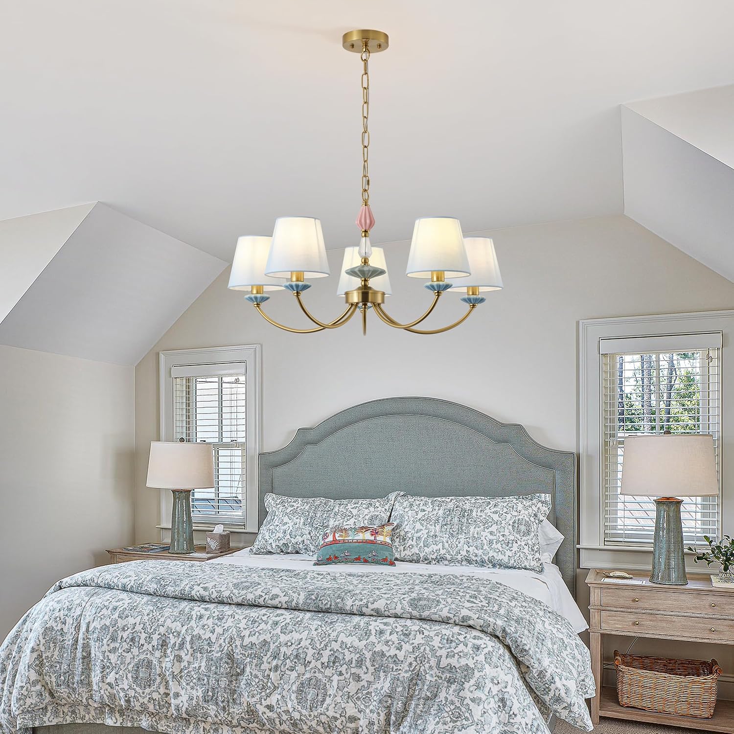 Blue Chandelier for Bedroom Light Fixture, Brushed Gold Art Deco Chandelier with Fabric Shade,Antique Modern Chandeliers paired with Ceramic for Girls Bedroom，Living Room，Dining Room