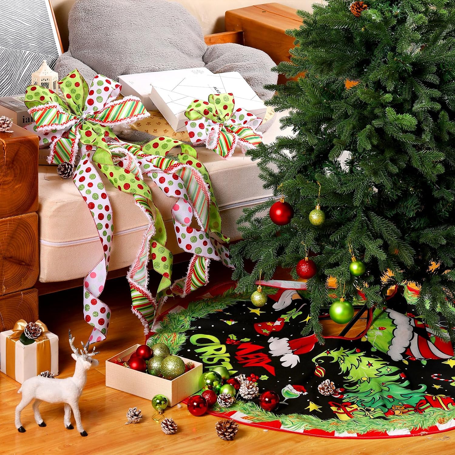 Gejoy 32 Pcs Christmas Tree Decoration Set Include Lime Green Red Christmas Tree Bow Topper Polka Dot Bow Wreath Christmas Tree Skirt 30 Pcs 3 Sizes Hanging Xmas Ball Ornaments for Tree Home Decor