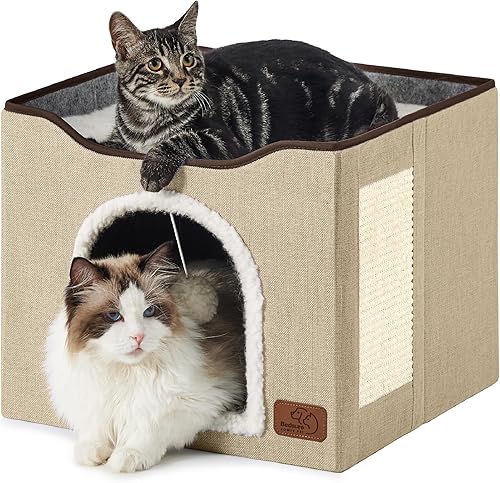 Miniatura 13 de Bedsure Camas para gatos de interior – Cueva grande para gatos para casa de gatos con bola esponjosa para colgar y almohadilla para rascar, Negro