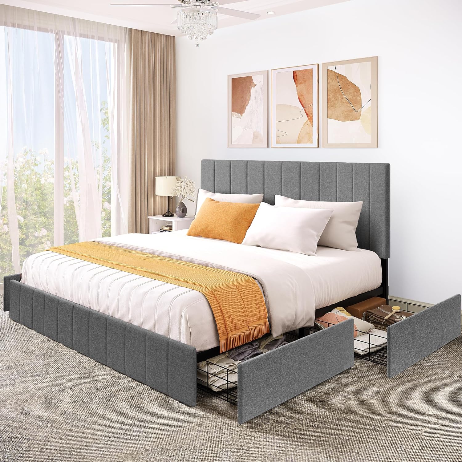 Wancia Queen Size Bed Frame, Upholstered Bed Frame with 4 Storage Drawers, Adjustable Headboard Platform Bed Mattress Foundation with Sturdy Wood Slat Support, No Box Spring Needed, Beige (Similar to Stock Photo - Item is Correct, Color is Beige (Box 2 of 2 Only)