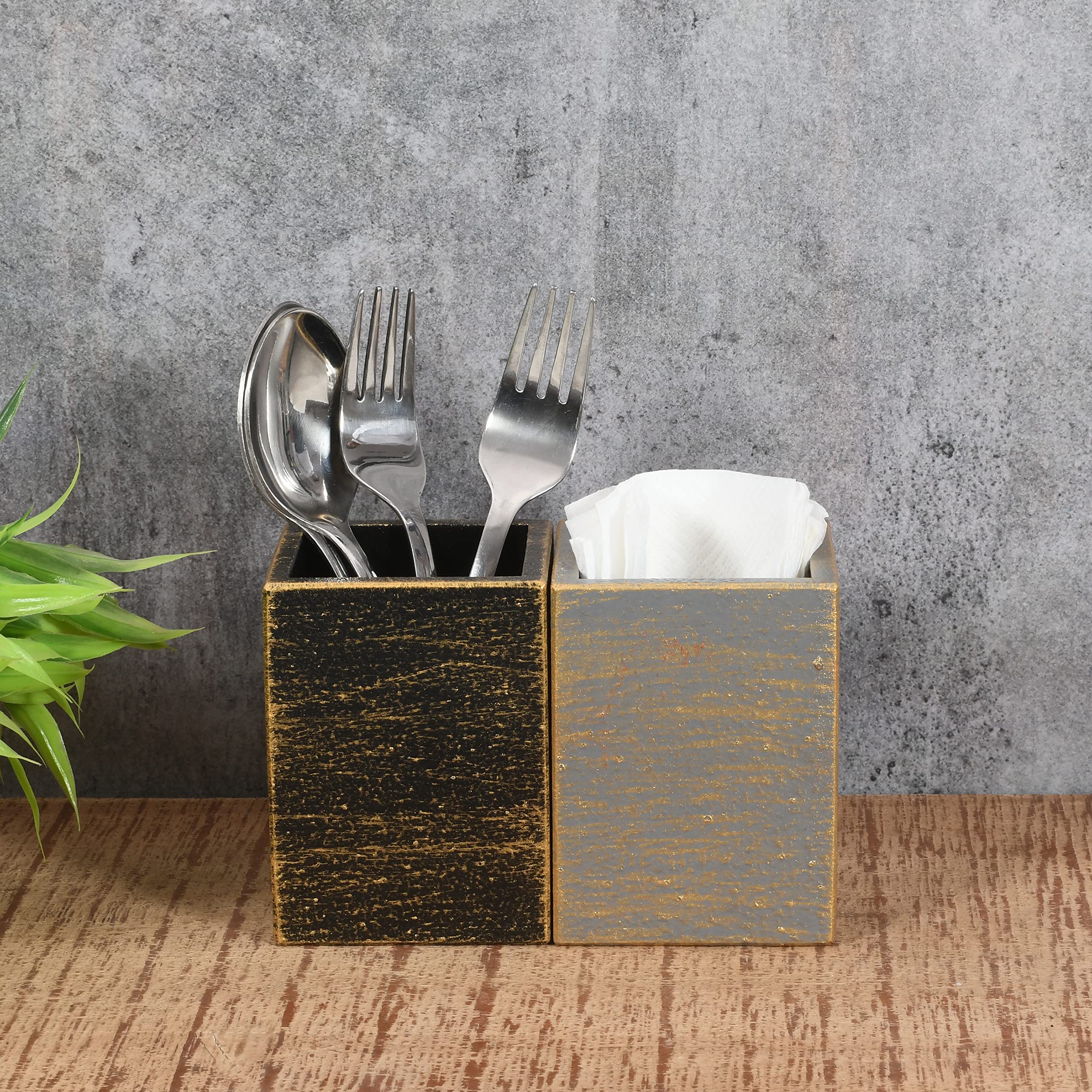 VININGS by M J CREATIONS presents Engineered Wood Cutlery Holder for Dining Table, Kitchen - Forks/Knives/Spoons/Straws Holder - Dining/Kitchen Organizer Cutlery Holder Multicolour (Black+Grey S/2)