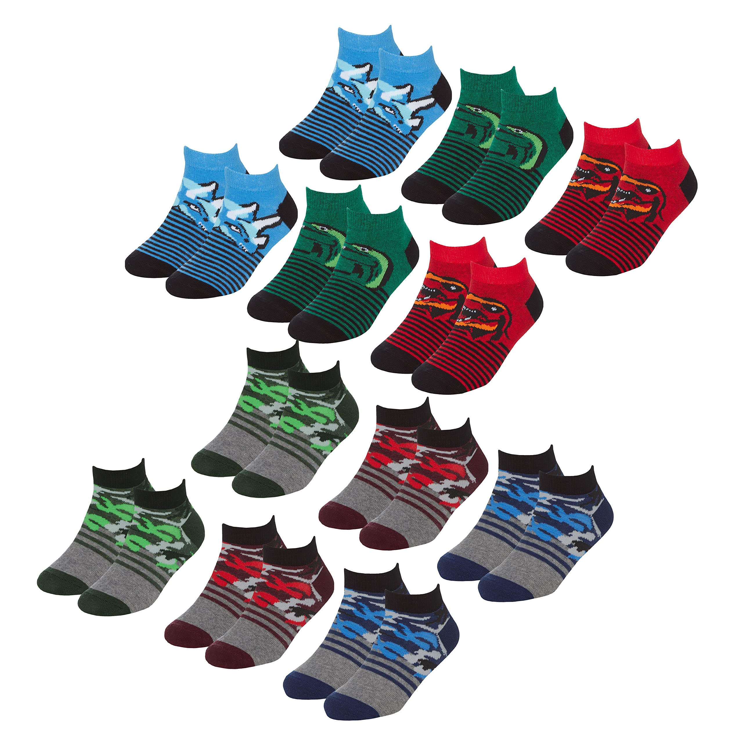 Metzuyan Boys 6 or 12 Pairs Trainer Liner Socks Cotton Rich Multipack Colourful 2 Pack Camo Dino Stripes 9-12
