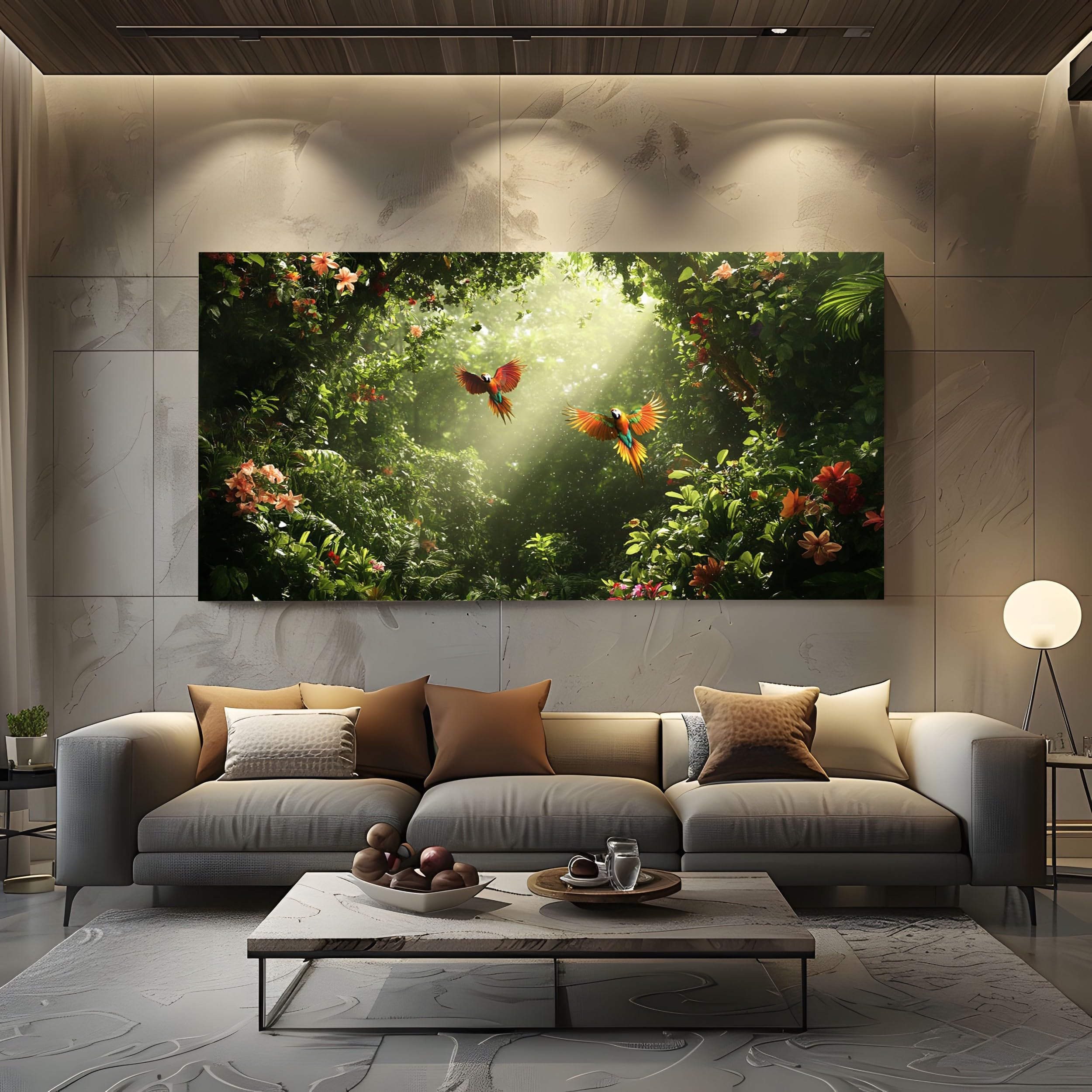 ZORYAN Jungle Parrot Frameless Canvas Wall Art for Bathroom Hallway Decor Tropical Macaw Canvas Print Floral Hibiscus Wall Painting 80x160 cm