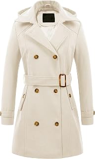 Women's Double Breasted Pea Coat Hooded Long Winter Wool Trench Coat