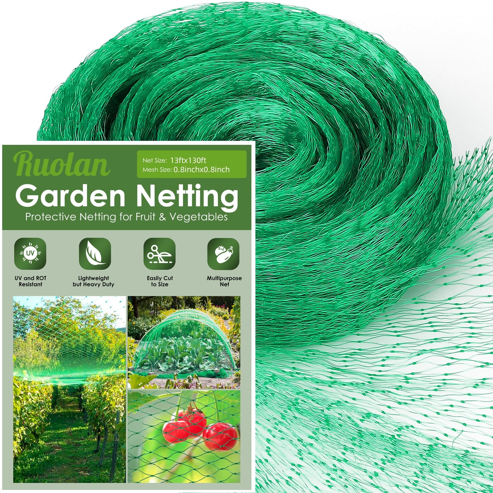 Photo 1 of 13X130FTRuolan Bird Netting for Garden Protect Vegetable Plants and Fruit Trees,Plastic Trellis Netting for Birds, Deer,Squirrels and Other Animals (13X130), Green