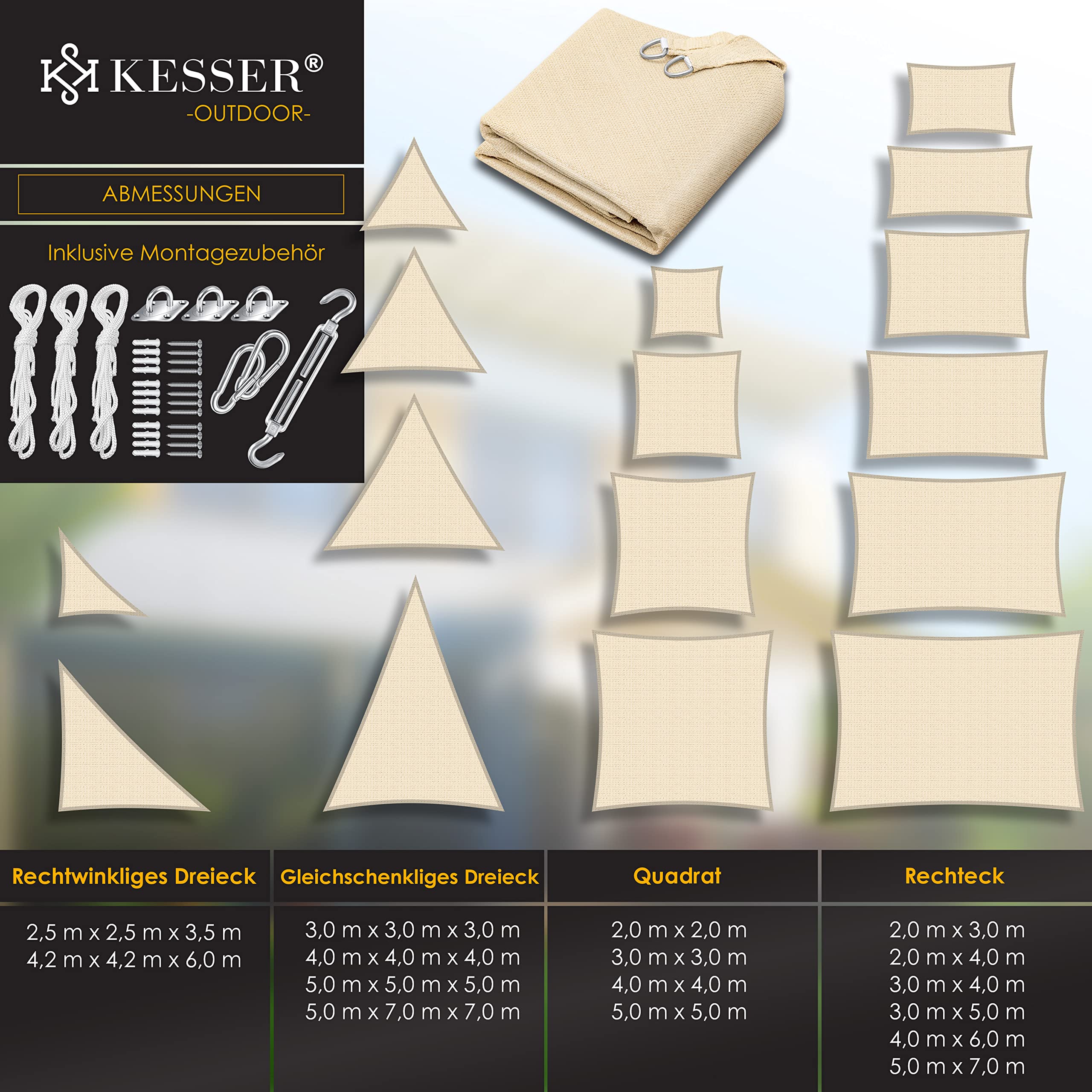 KESSER® Sonnensegel Sonnenschutz Windschutz | HDPE Gewebe | wasserabweisend & windabweisend | Dreieck 5x5x5m | 5-Fach quer vernäht robust & stabil Schattenspender Garten Balkon Terrasse Creme
