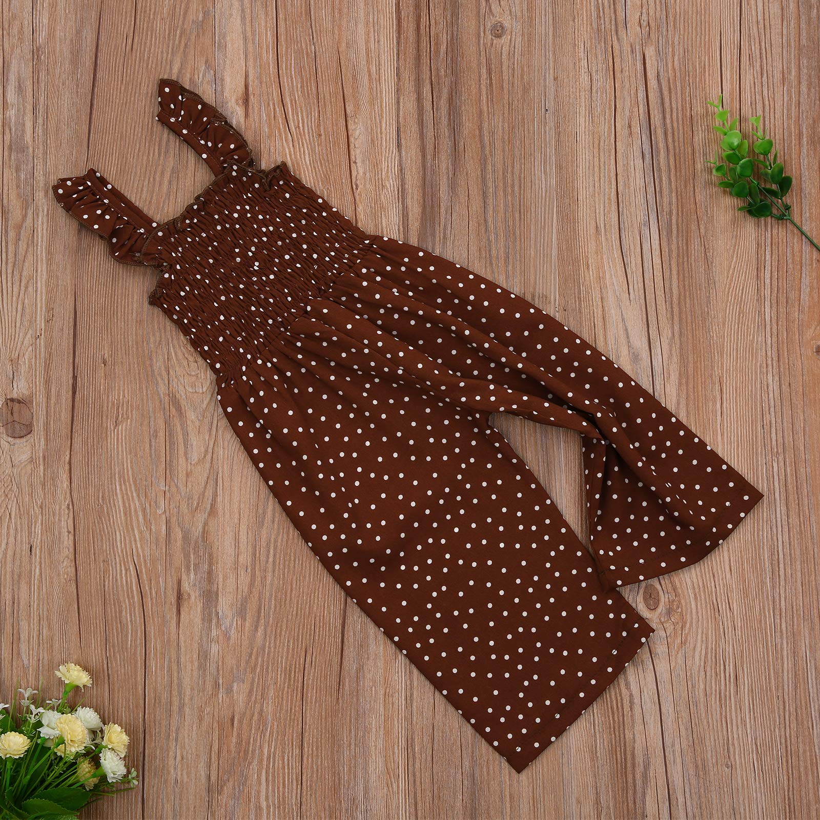 WALLARENEAR Kids Toddler Baby Girls Summer Jumpsuit Sleeveless Polka Dot Suspenders Ruffle One Piece Wide Leg Pants Overalls 1-6Y (Dark Coffee, 5-6 Years)