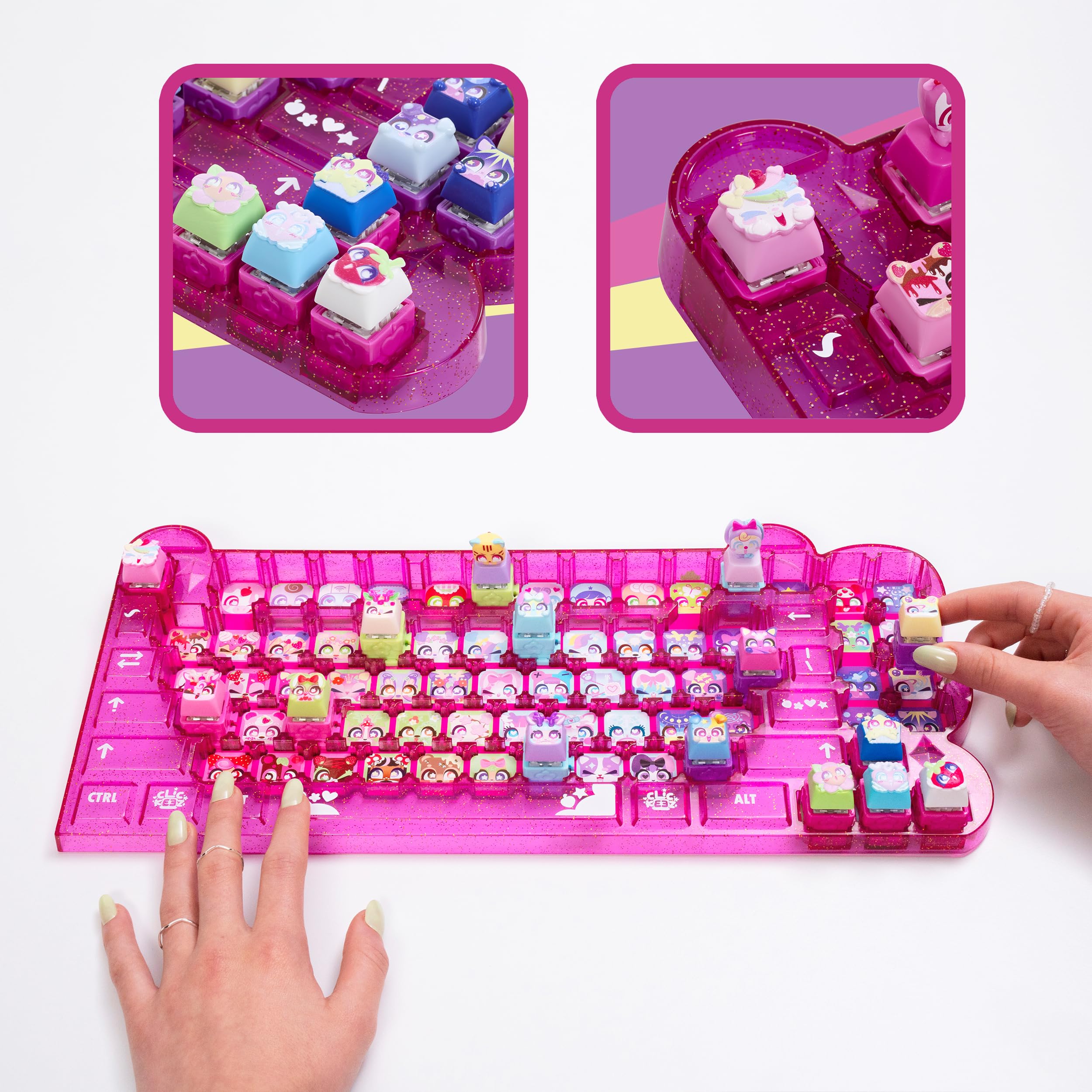 Goliath - CLICKEEZ KeyBoard MegaPack - 1 tastiera + 15 Tasti Kawaii + 1 portachiavi - Keycaps da cliccare - 70 personaggi da collezione - ASMR Fidget Toy - Idea regalo dai 6 anni in su - 3