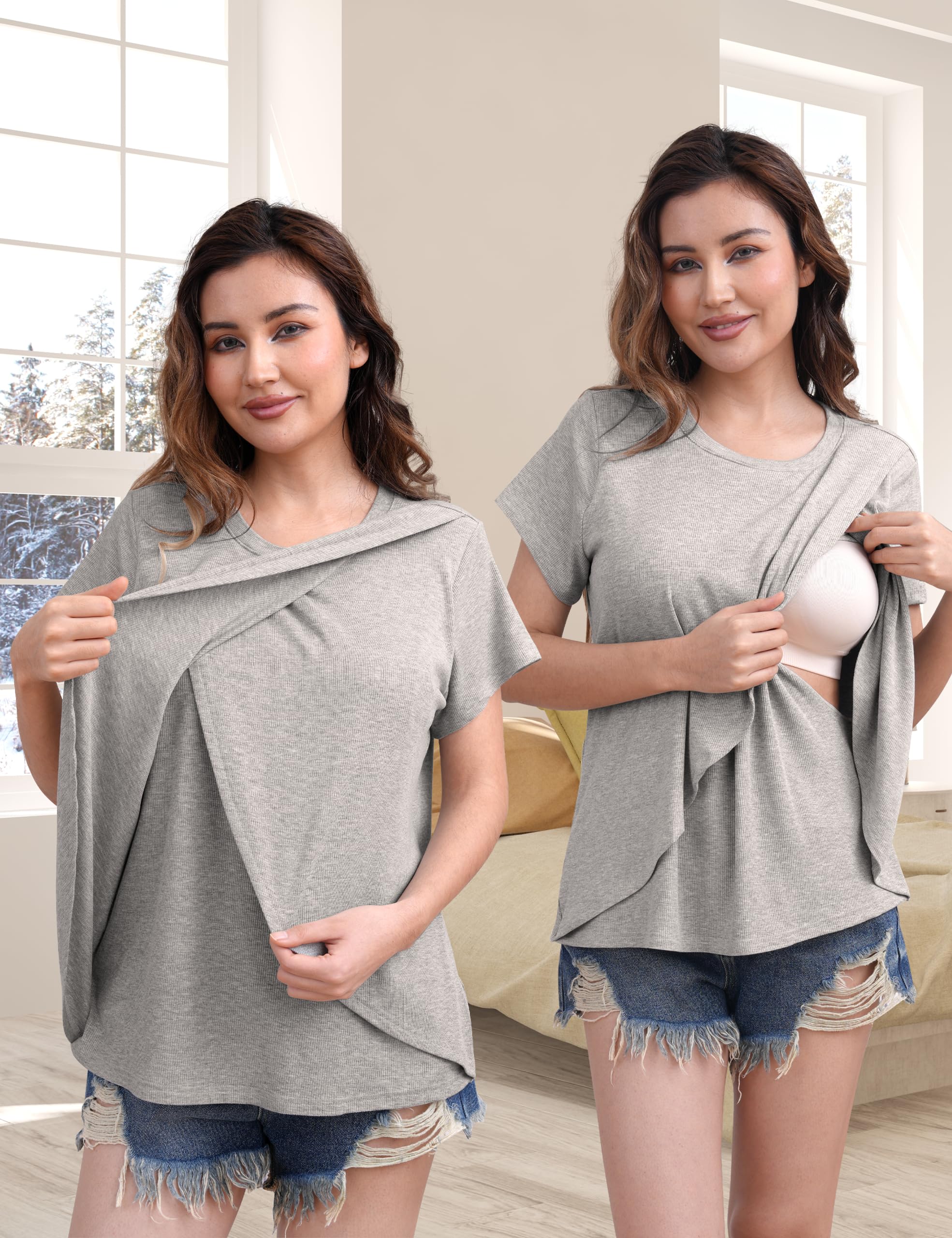 SUNNYBUY Confezione da 3 magliette da allattamento da donna, a maniche corte, con accesso laterale a doppio strato, per gravidanza e allattamento