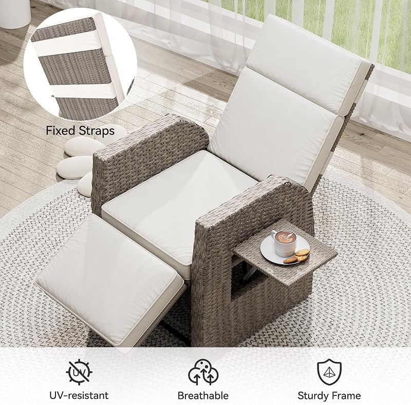 YITAHOME Outdoor Recliner Chair, Wicker Recliner Chair 150°Reclining, Beige image 5