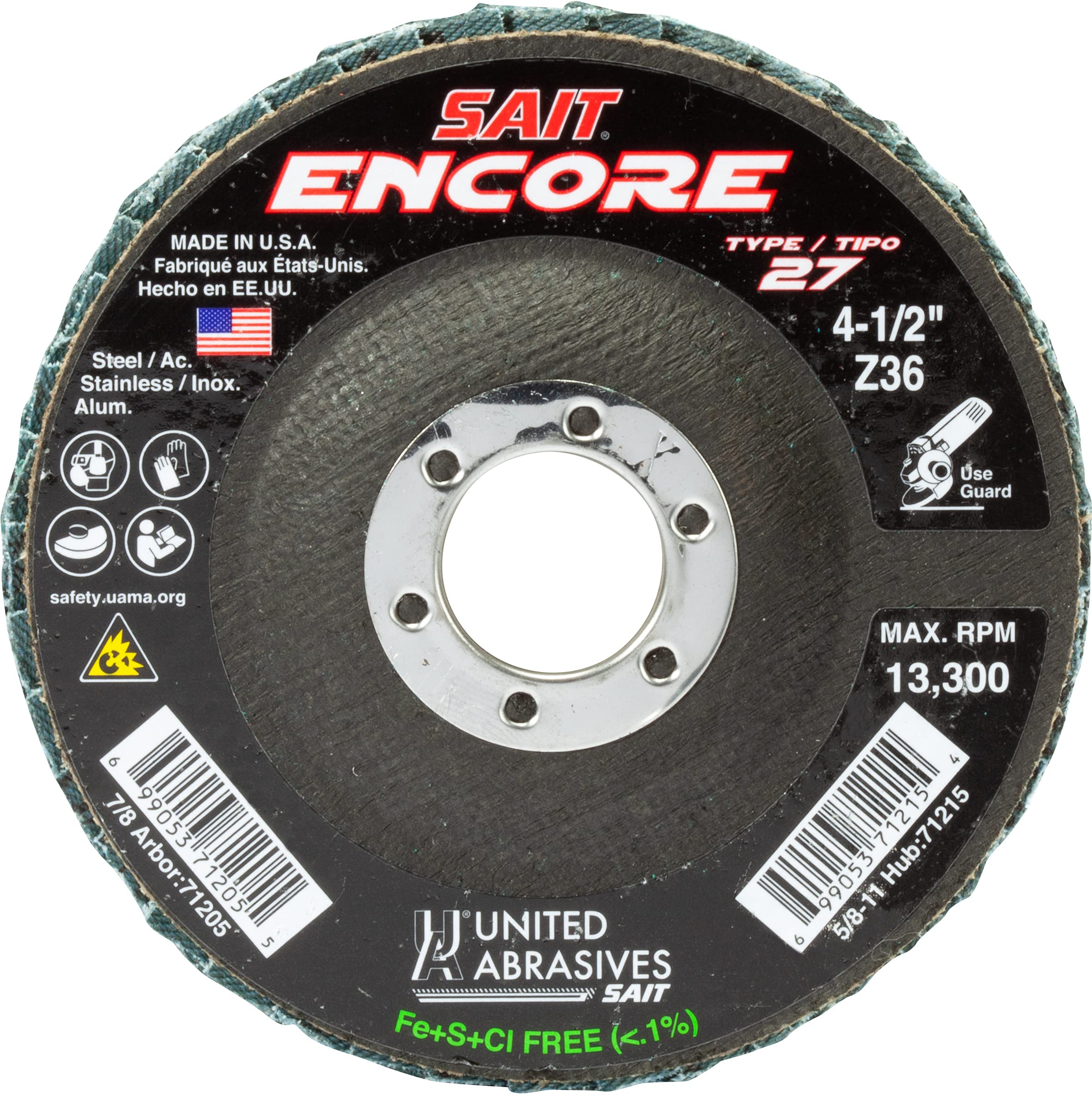 United Abrasives SAIT 71205 4-1/2x7/8 Encore Type 27 General Purpose No Hub Zirconium Flap Discs 36 Grit, 10 Pack