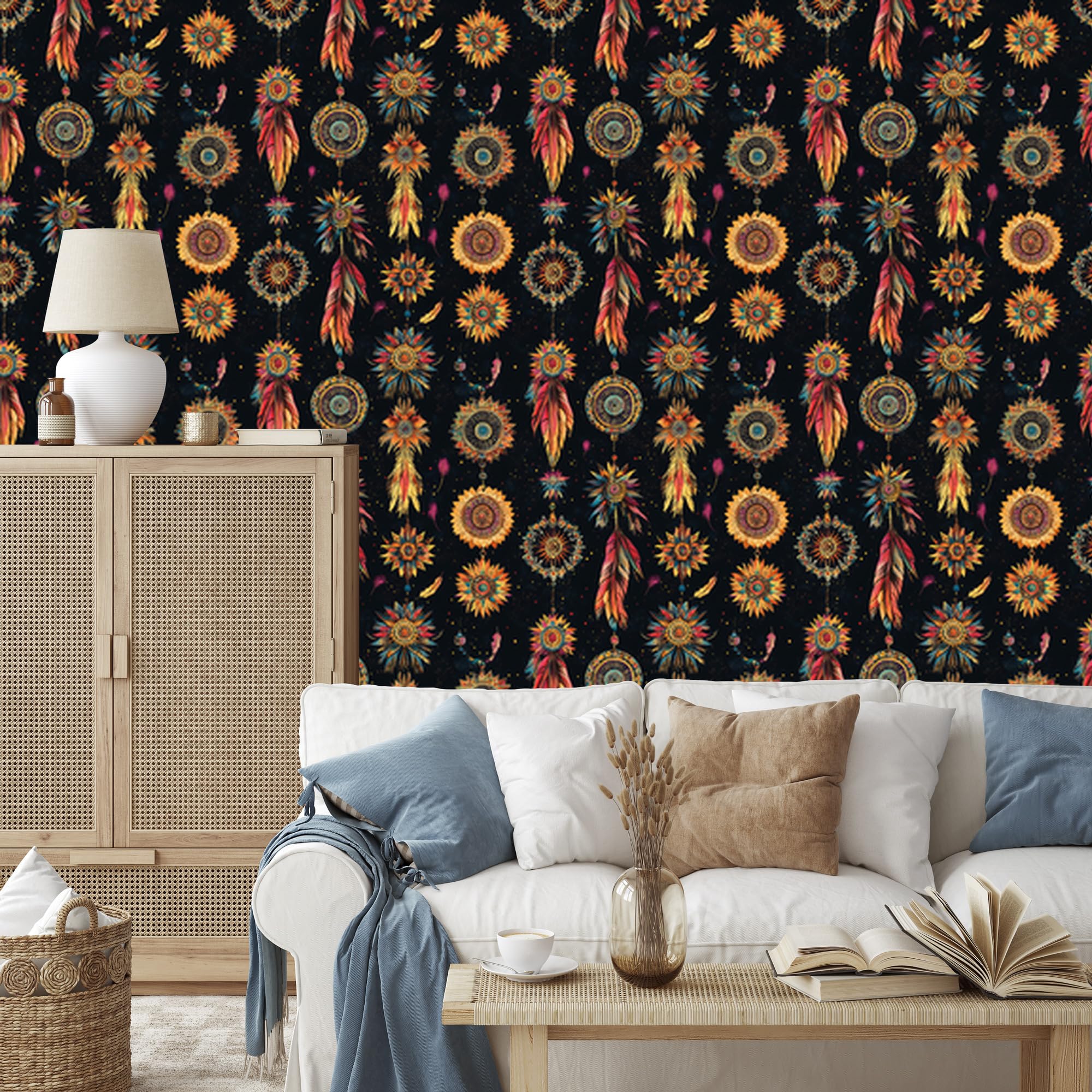 Vliestapete Boho – Schwarz und Ocker 50 x 1000 cm | Ausdrucksstarke Bildgestaltung; Charaktervoller Raumschmuck; Harmonische Akzentfläche; Kleister im Set