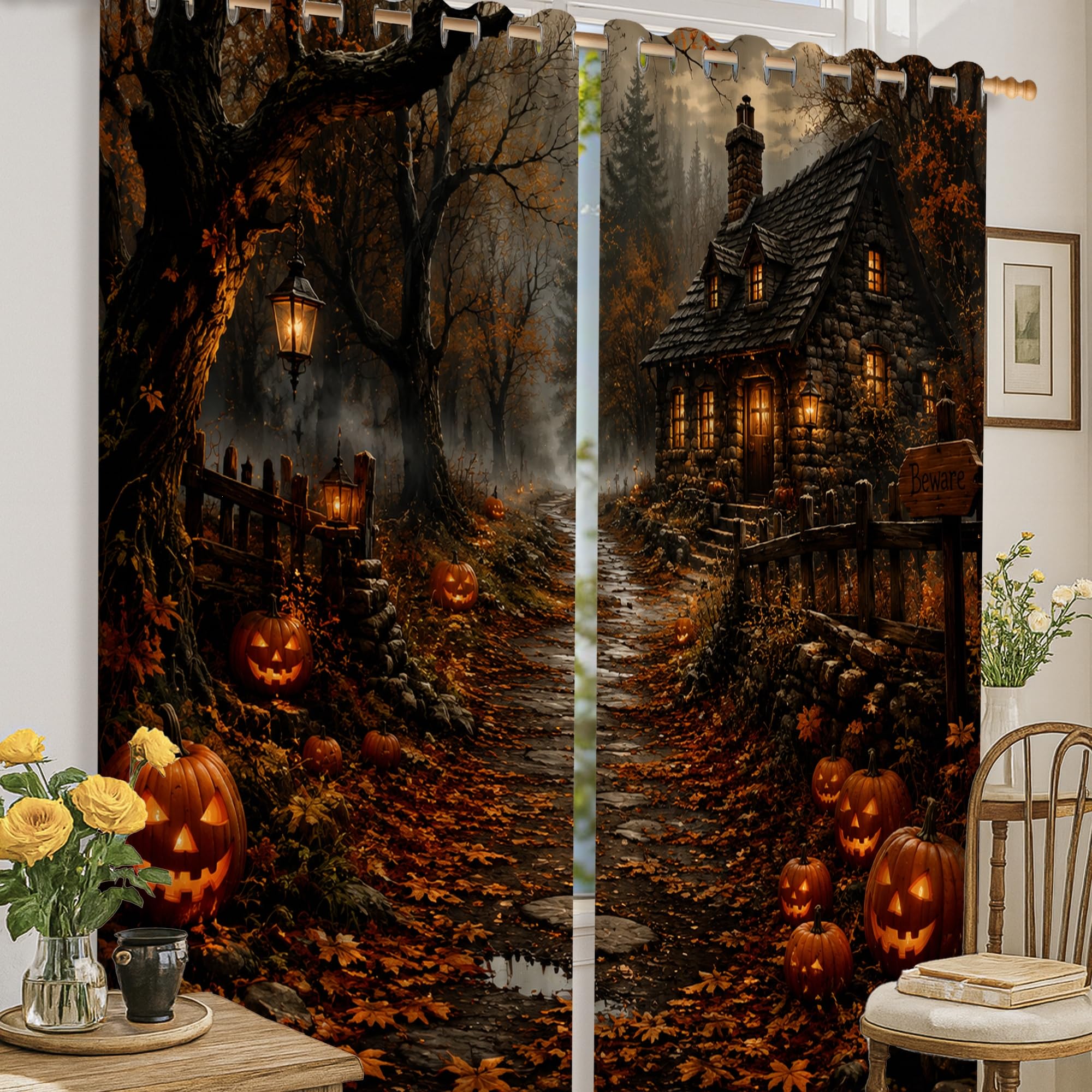 Rideaux occultants citrouilles gothiques pour Halloween et salon rustique 132x160cm