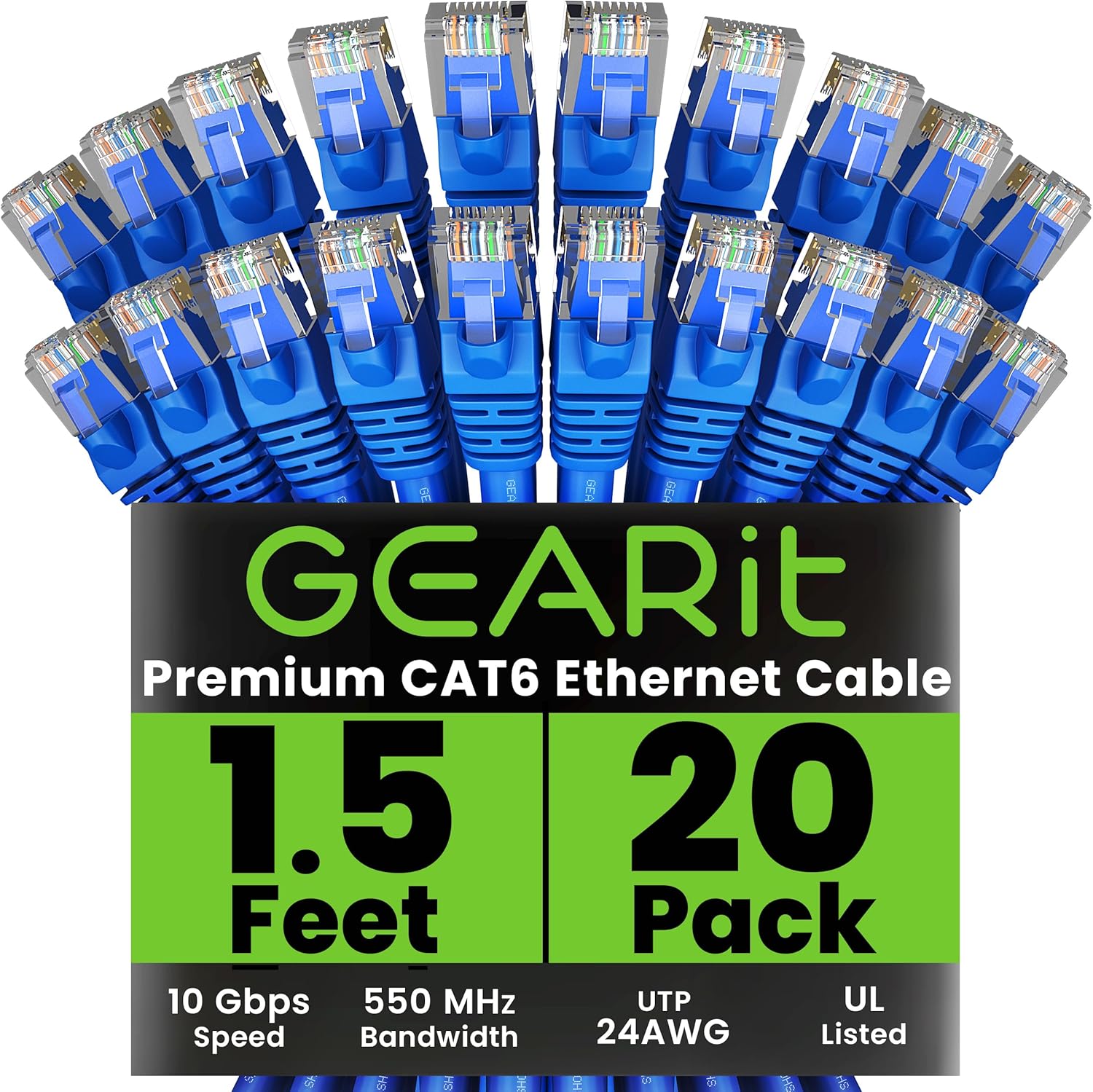 GearIT Cat 6 Ethernet Cable Pack - 20-Pack 1.5 ft Cat6 Ethernet Patch Cables | RJ45 Network Patch Cable, 10 Gbps Snagless Gold-Plated Connectors - Ethernet Cable Cat 6 for PC, TV, Router - Blue