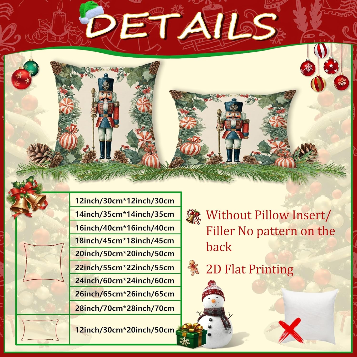 Christmas Throw Pillow Covers Set of 2, Nutcracker Holiday Decorative Cushion Covers, Festive Square Farmhouse Decor for Home Sofa Bed Couch 26x26 Inch