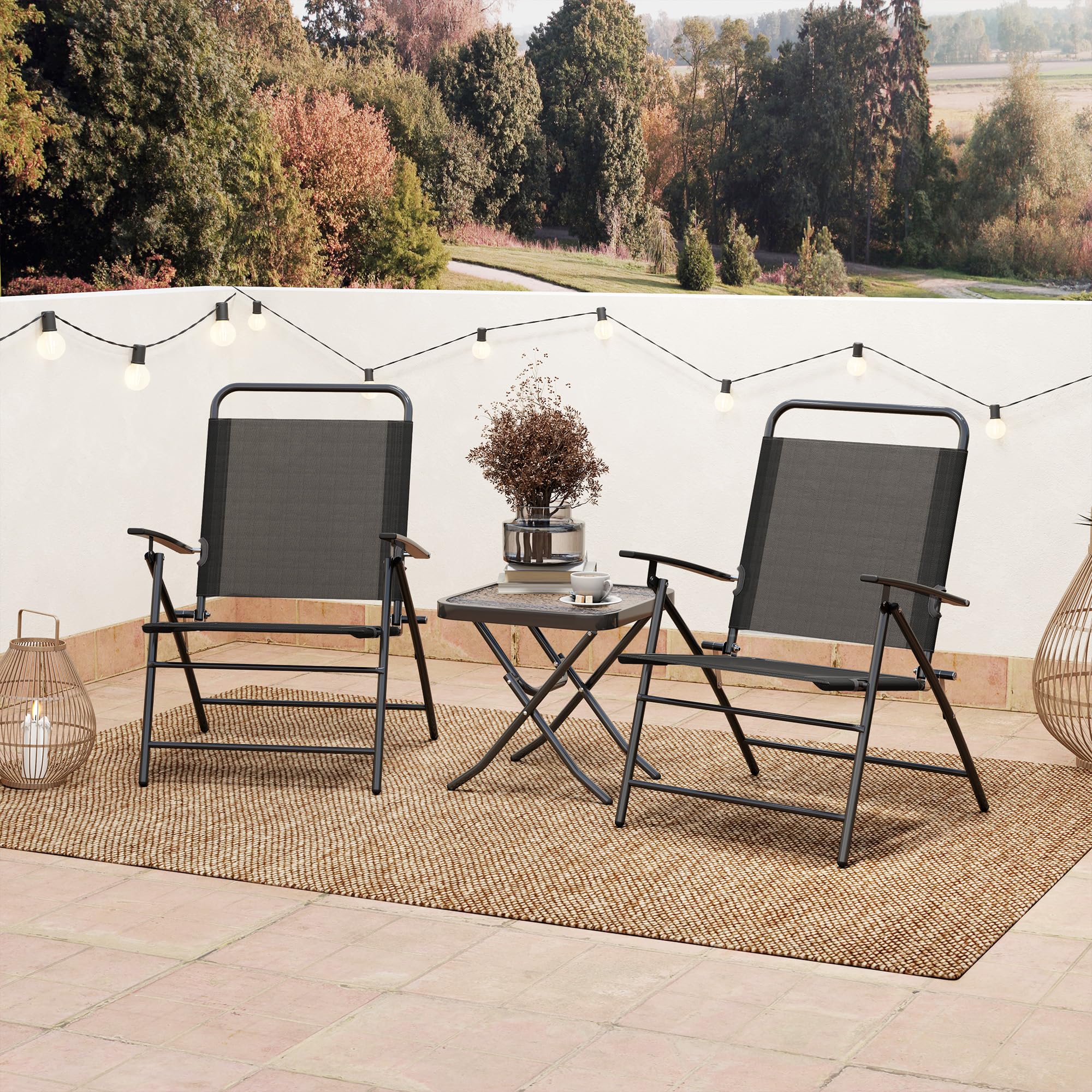 Outsunny Conjunto de Mesa y Sillas de Terraza Exterior de 3 Piezas Muebles de Jardín Exterior Plegables con Respaldo Regulable Tablero de Vidrio y Estructura de Acero Negro
