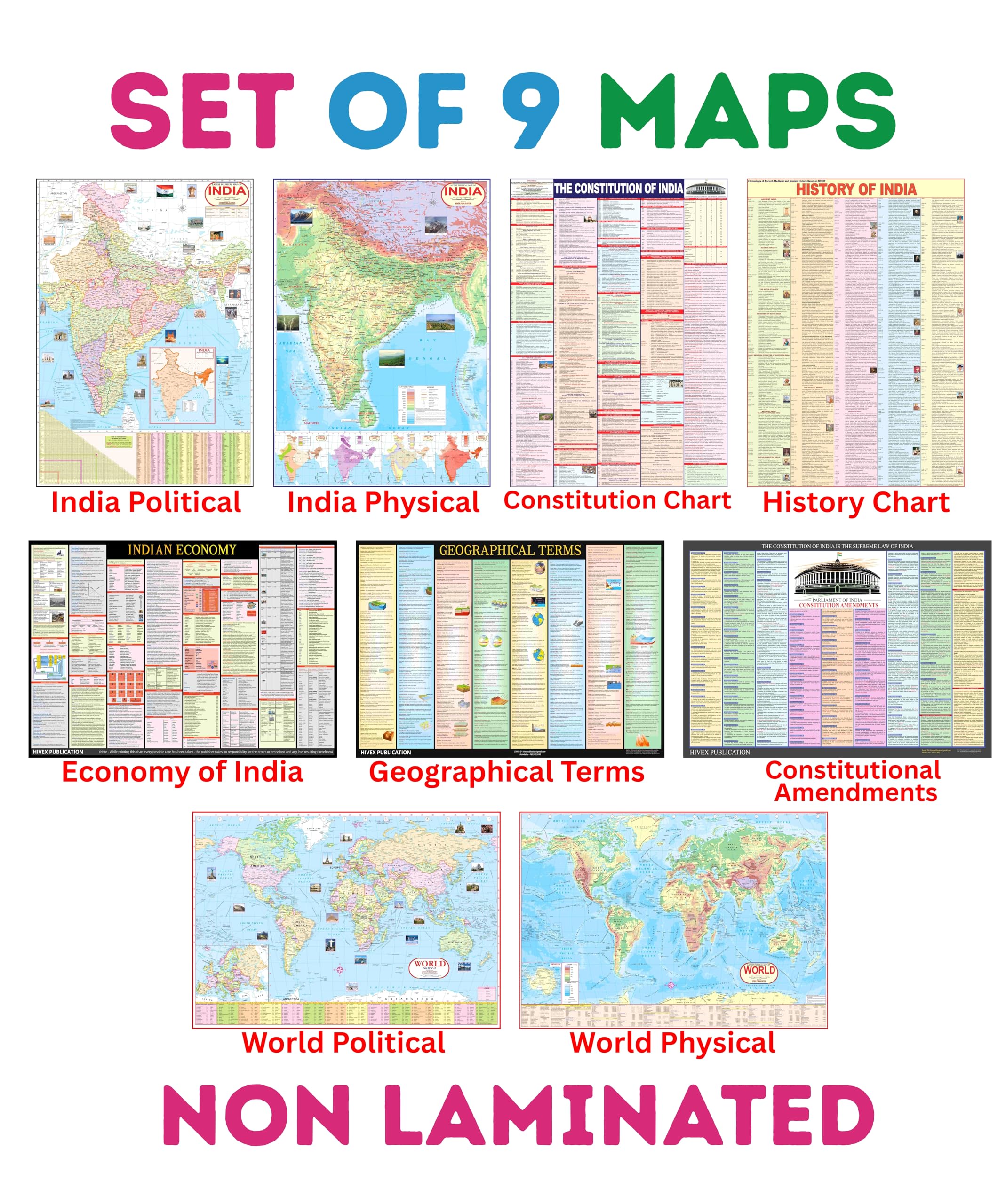 India & World Map ( Both Political & Physical ) with Constitution of India , Indian History , Indian Economy, Geographical Terms & Constitutional Amendments Chart | Set of 9 |