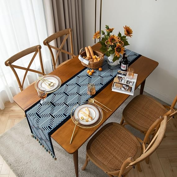 Table Runner with Tassels Blue Geometric Pattern Jacquard Table Runner Coffee Table Runner Non-Slip Table Cloth Rectangle Tablecloth Placemat for Dining Table Decoration(35x270cm)