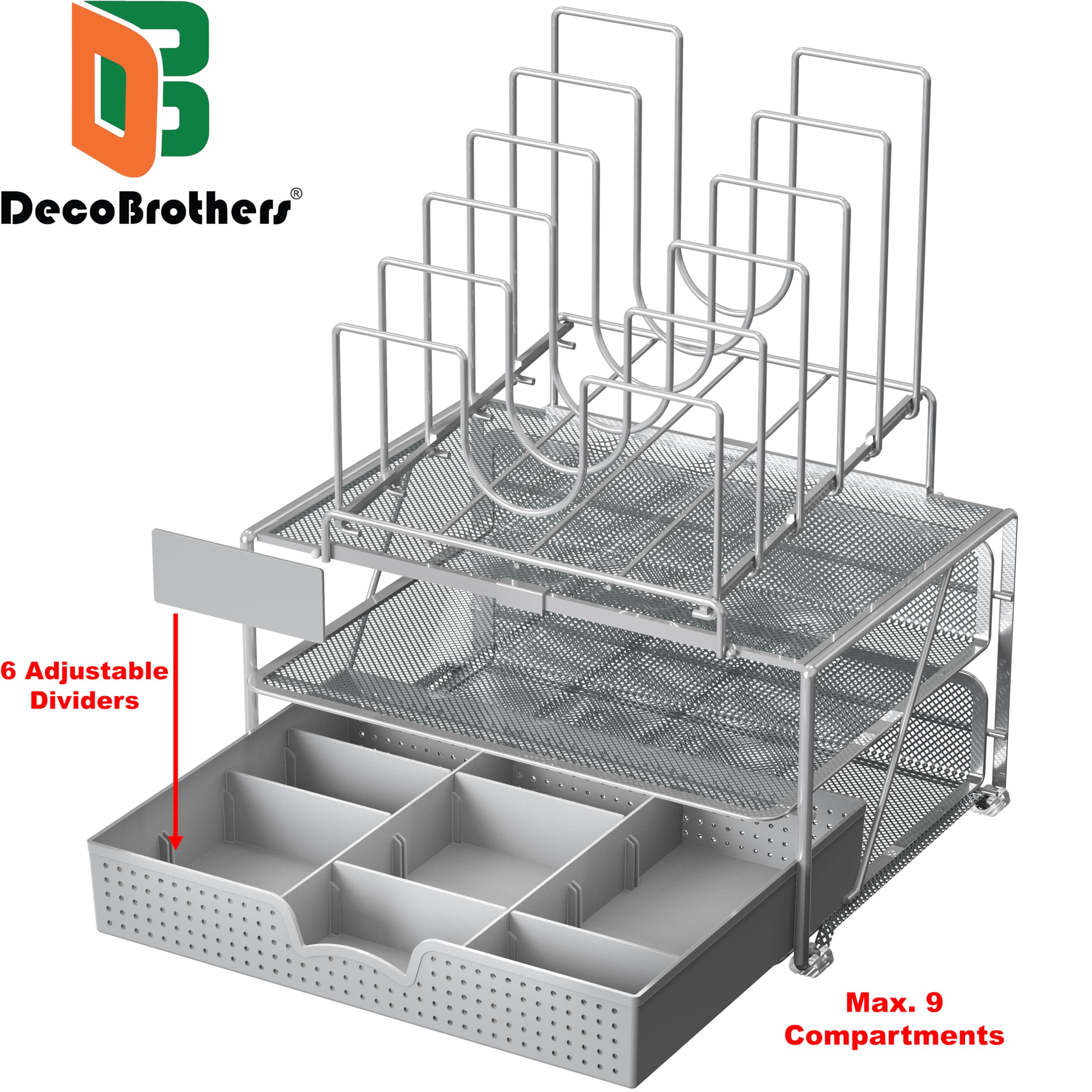 Decobros mesh organizer da scrivania con doppio vassoio e 5 porta sezioni Sliver
