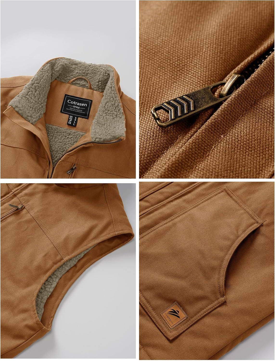 Cotrasen Men's Vest Cotton Work Vest Sherpa Lined Casual Outerwear Fleece Warm Sleeveless Jackets - Image 2