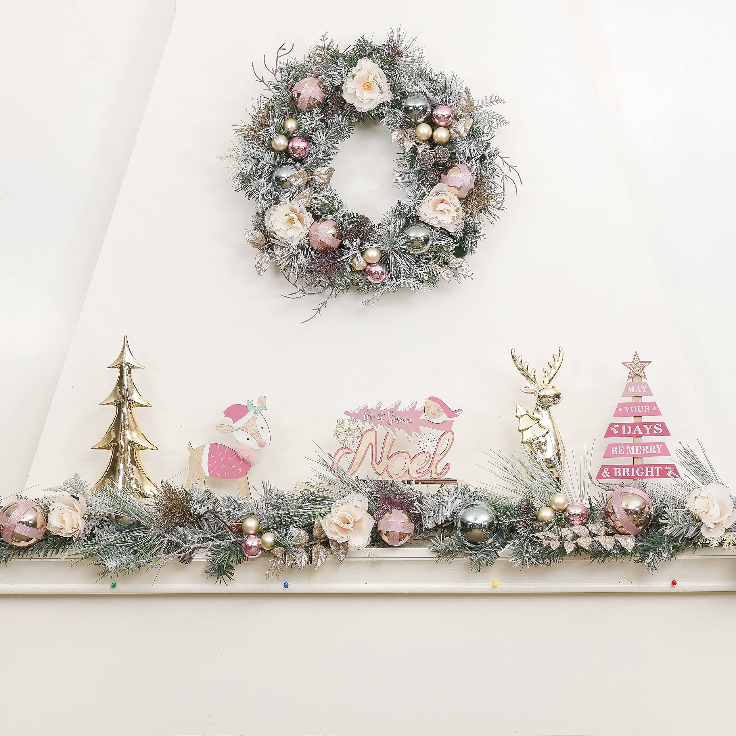 Valery Madelyn 6 Fuß/183 cm Weihnachtsgirlande für Kaminsims Beleuchtet batteriebetrieben Tannengirlande mit Kugeln, 20 LED-Lichtern und Timer-Funktion für Weihnachtsdekoration Rose Gold