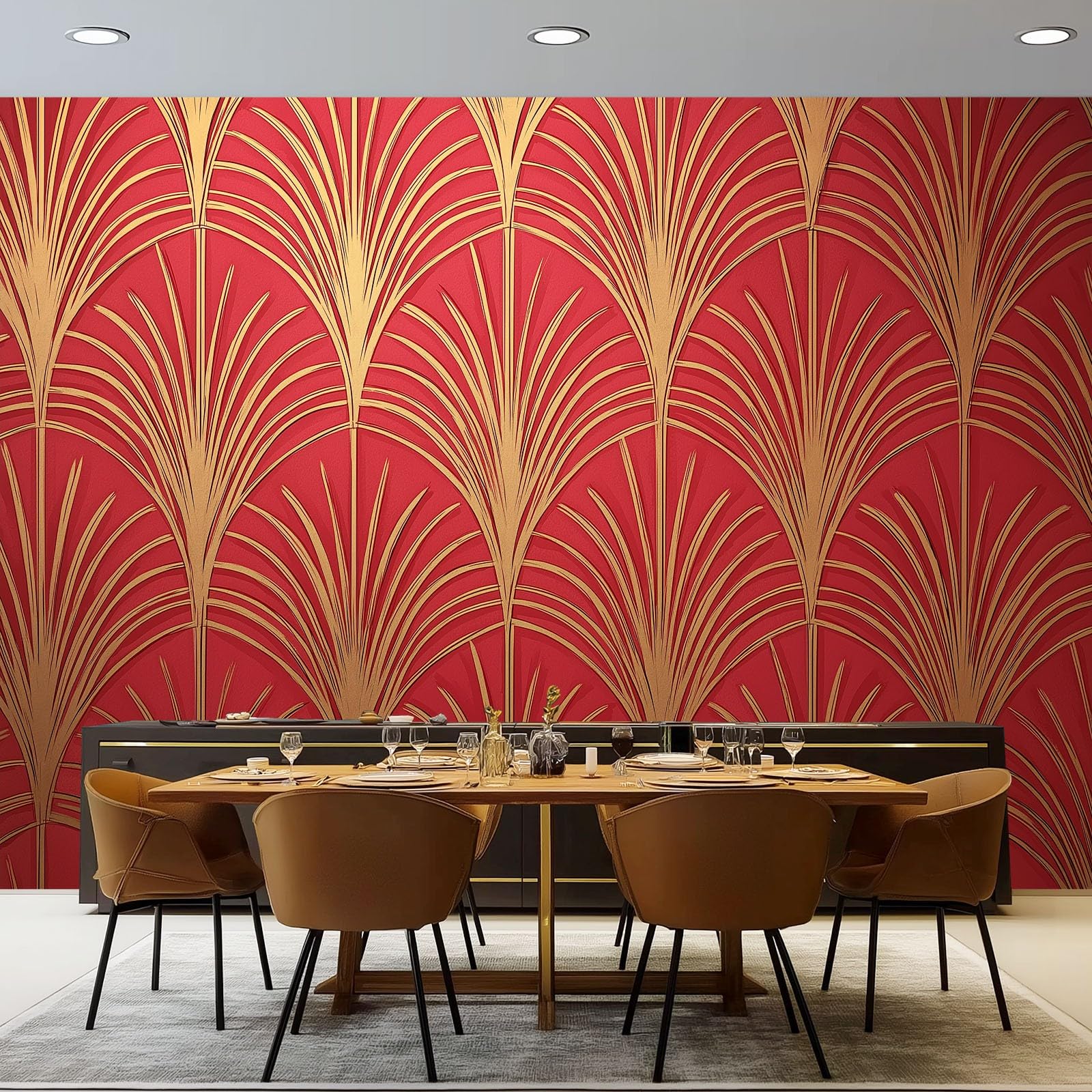 Nowoczesny mural ścienny tapeta z włókniny czerwone złoto - geometryczna tekstura w kształcie wachlarza elegancki design do salonu i sypialni, duża zdejmowana dekoracja ścienna, bez kleju, 350 x 256