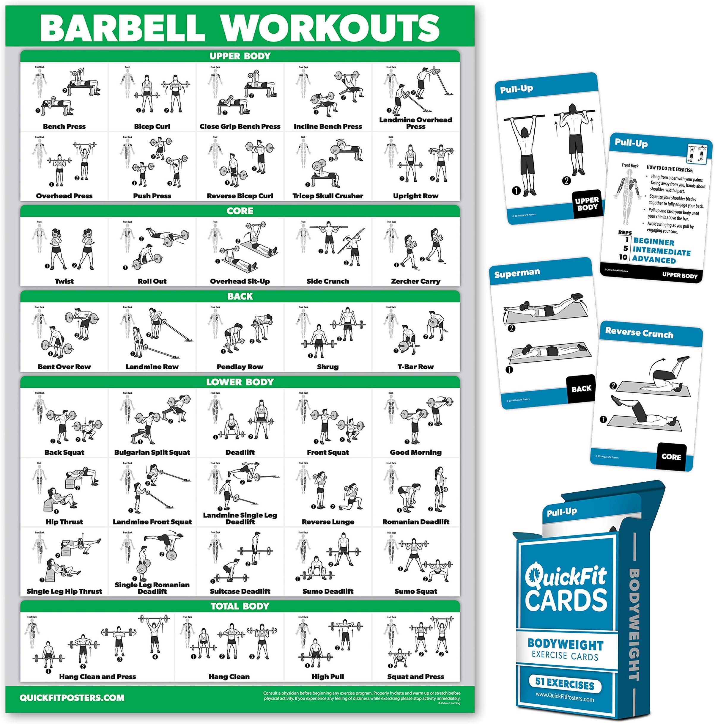 QuickFit 2 Pack - Barbell Workout Poster - Laminated 18" x 27" & Bodyweight Exercise Card Set - 2.5" x 3.5"