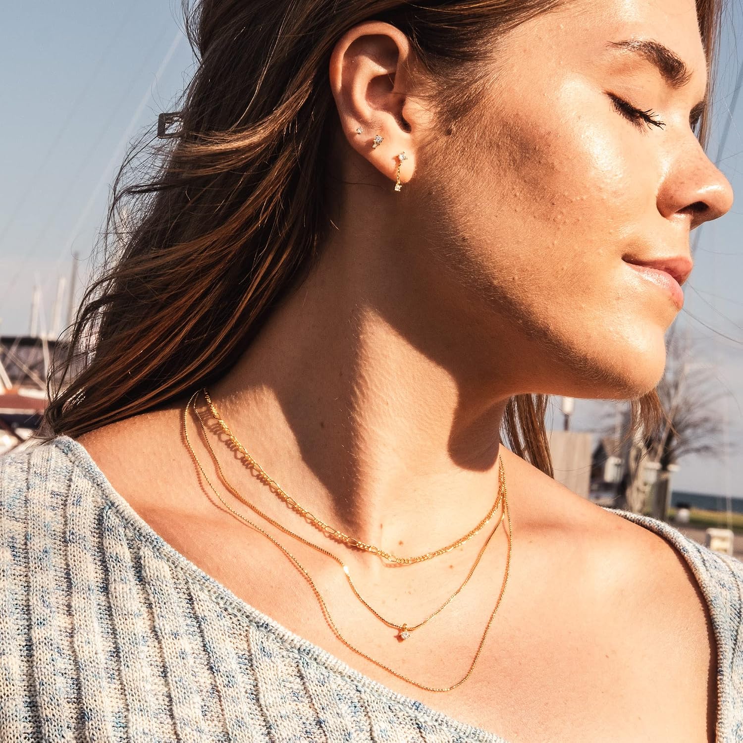 BLOSSOM & HUE Mixed Chain Multi Strand Layering Necklace | Triple Chain Layered Set 18''