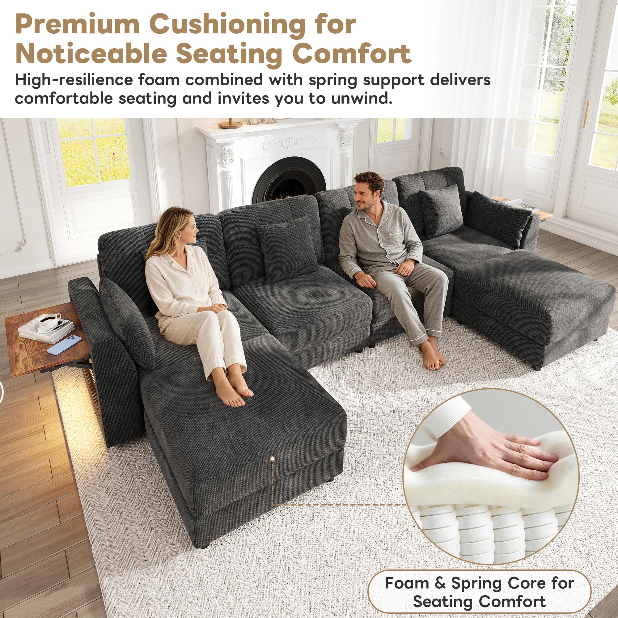 Canapé d'angle Convertible en U/L 6 Places avec 2 Poufs Mobiles, Canapé Modulable Panoramique, avec LED Et Tablette Rabattable, 6 Coussins, Chenille, 292 x 135 x 82 cm, pour Salon