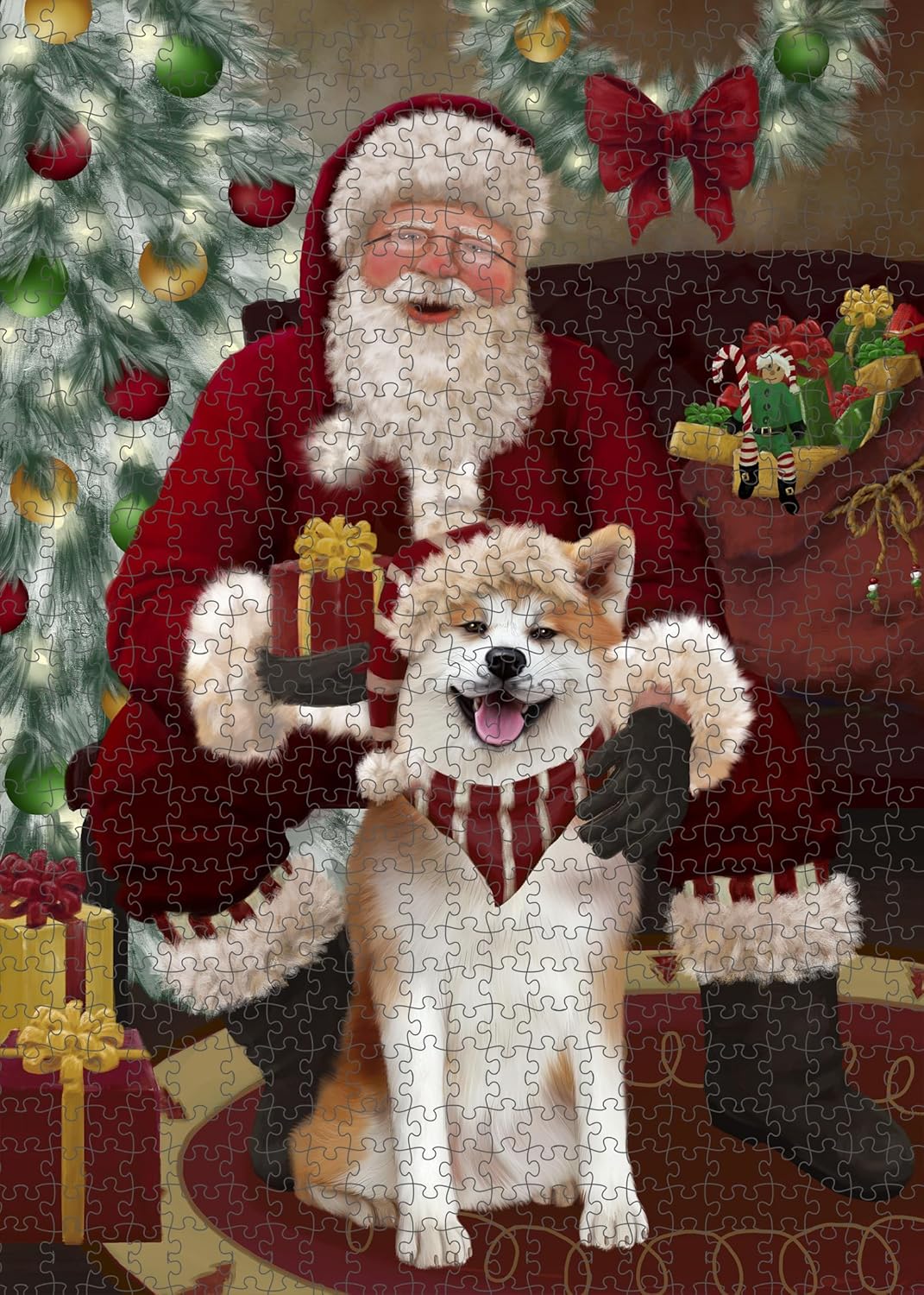 Santa's Christmas Surprise Akita Dog Jigsaw Puzzle for Adults - Animal Printed Interlocking Puzzle Game Artwork - Gift for Dog Lover's - 300 Pcs 11"x14", PZLE59404