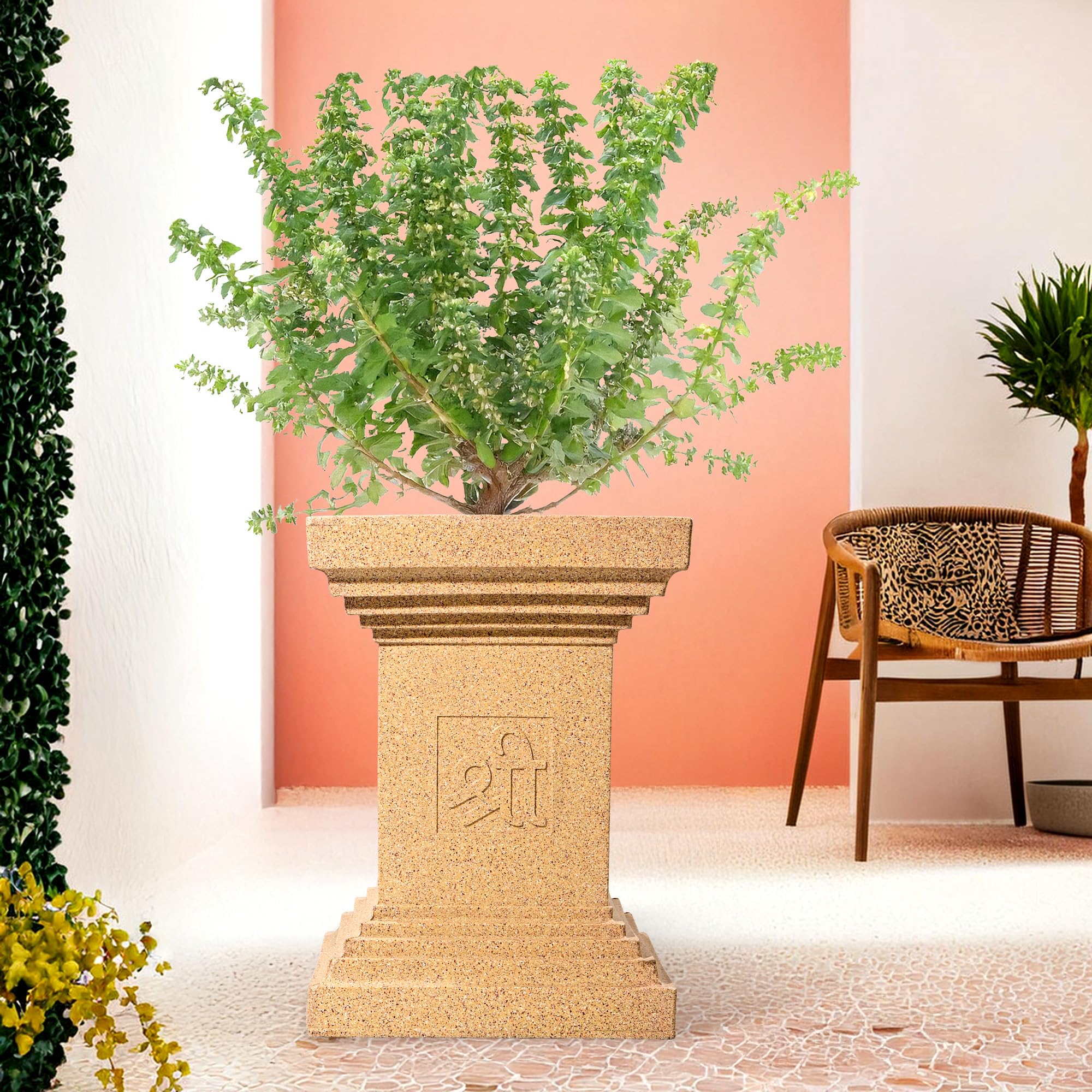 Kuber Industries 16-Inch Roto Mould German Polymer Extra Large Big Size Tulsi Flower Pot | Indoor/Outdoor Tree Gamla Planter for Living Room, Resorts, Hotels, Terrace & Garden | Marble Tulsi - Sand
