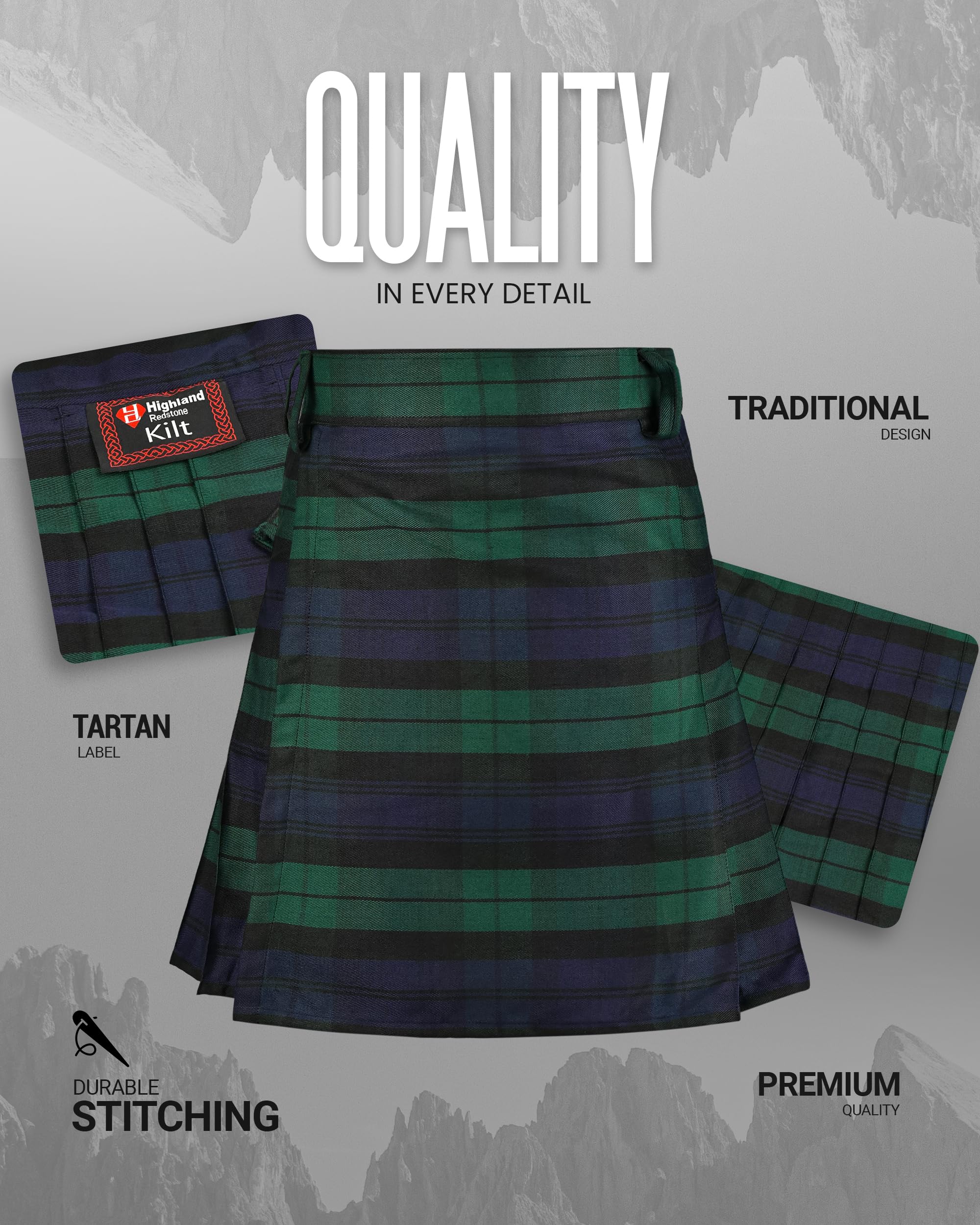 Sport-Kilt für Herren – Schottisches Schottenkaro, athletischer Kilt aus Polyviskose, Klettverschluss, Herren-Kilt mit kostenlosen Blitzen