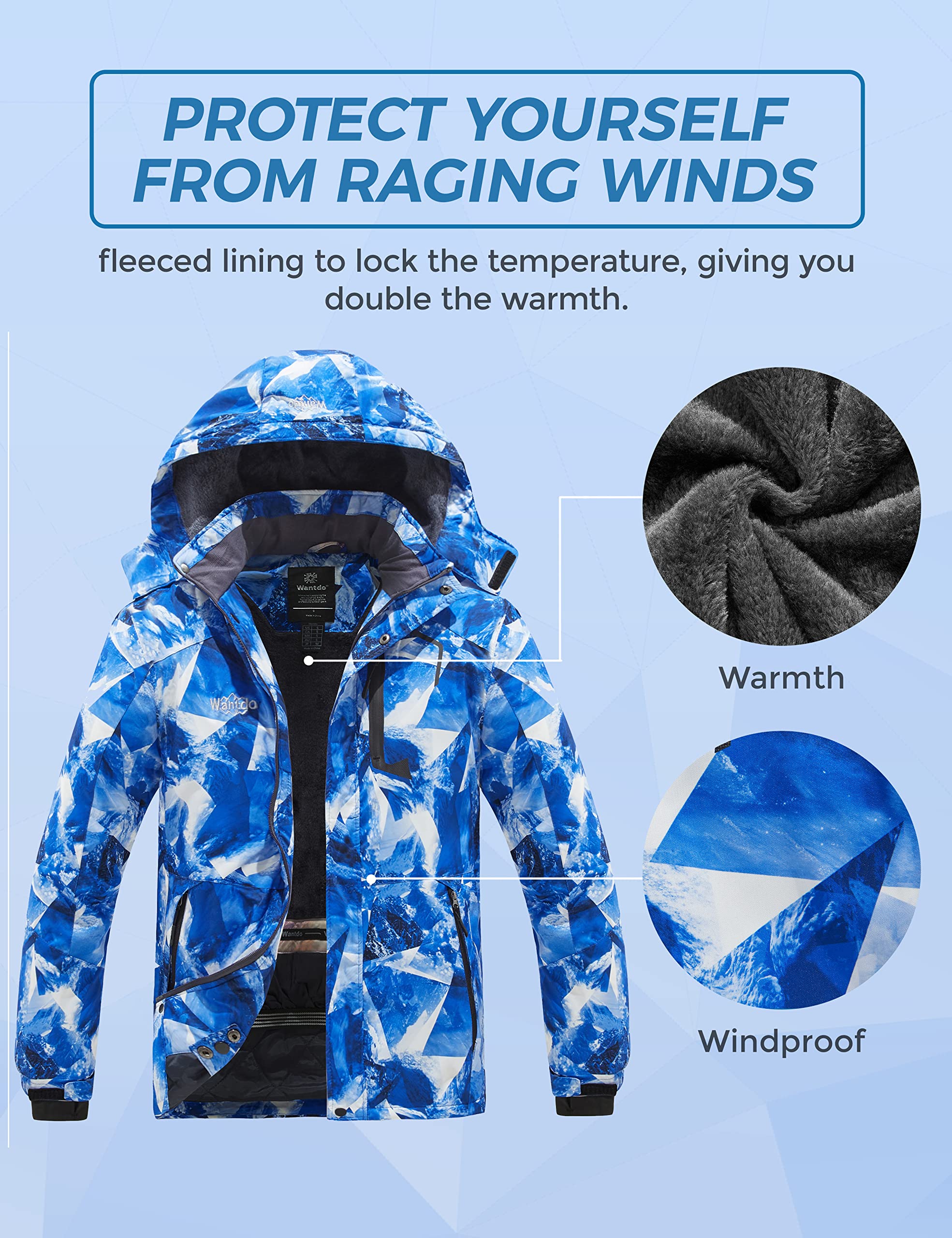 Wantdo Giacca da Sci Montagna Calda Invernale Parka da Neve Imbottita Cappotto da Snowboard in Pile Giubbotto con Cappuccio Impermeabile Uomo