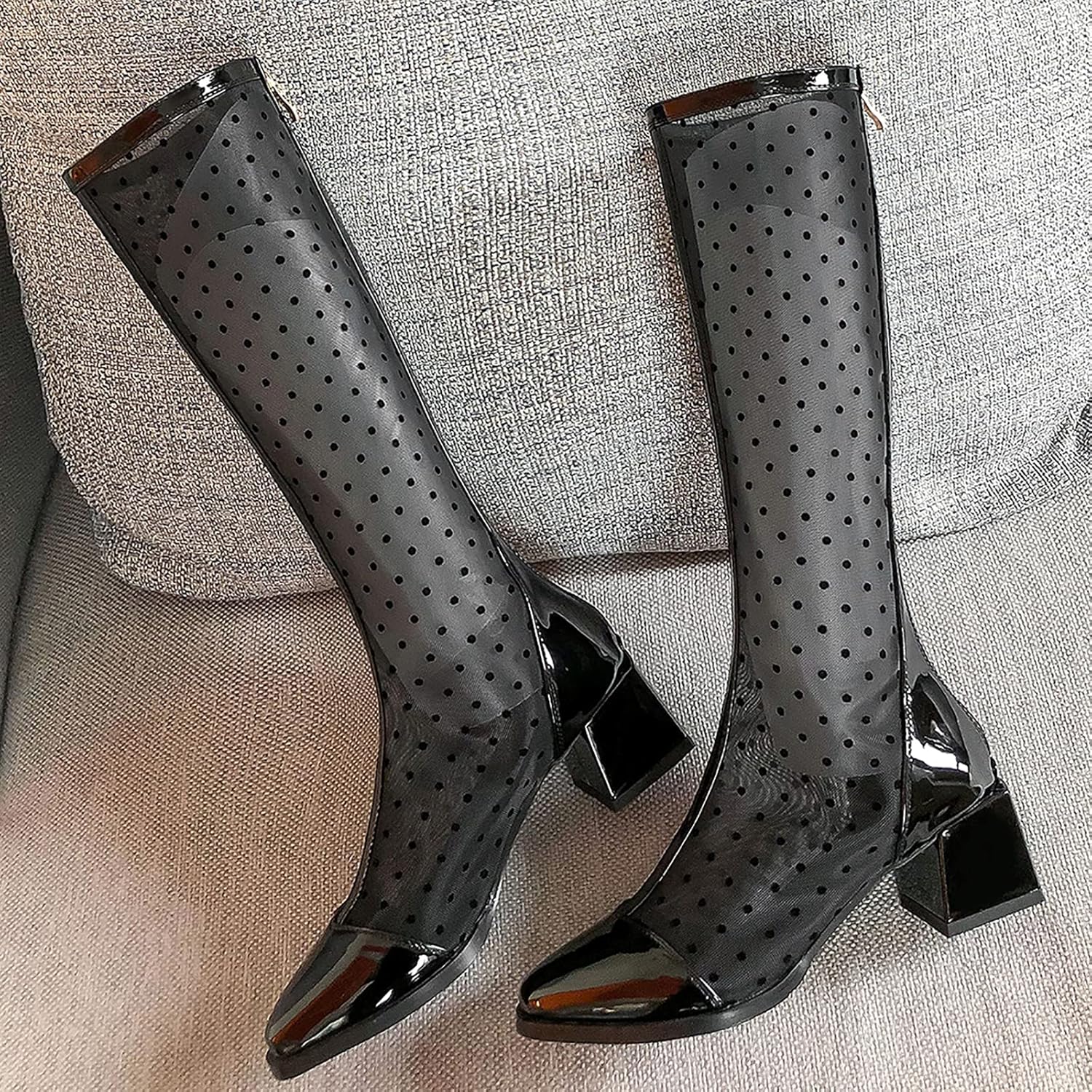 [KemeKiss] ショート/ロング 夏ブーツ レディース ヒール サマーブーツ ポインテッドトゥ ドット柄チュール