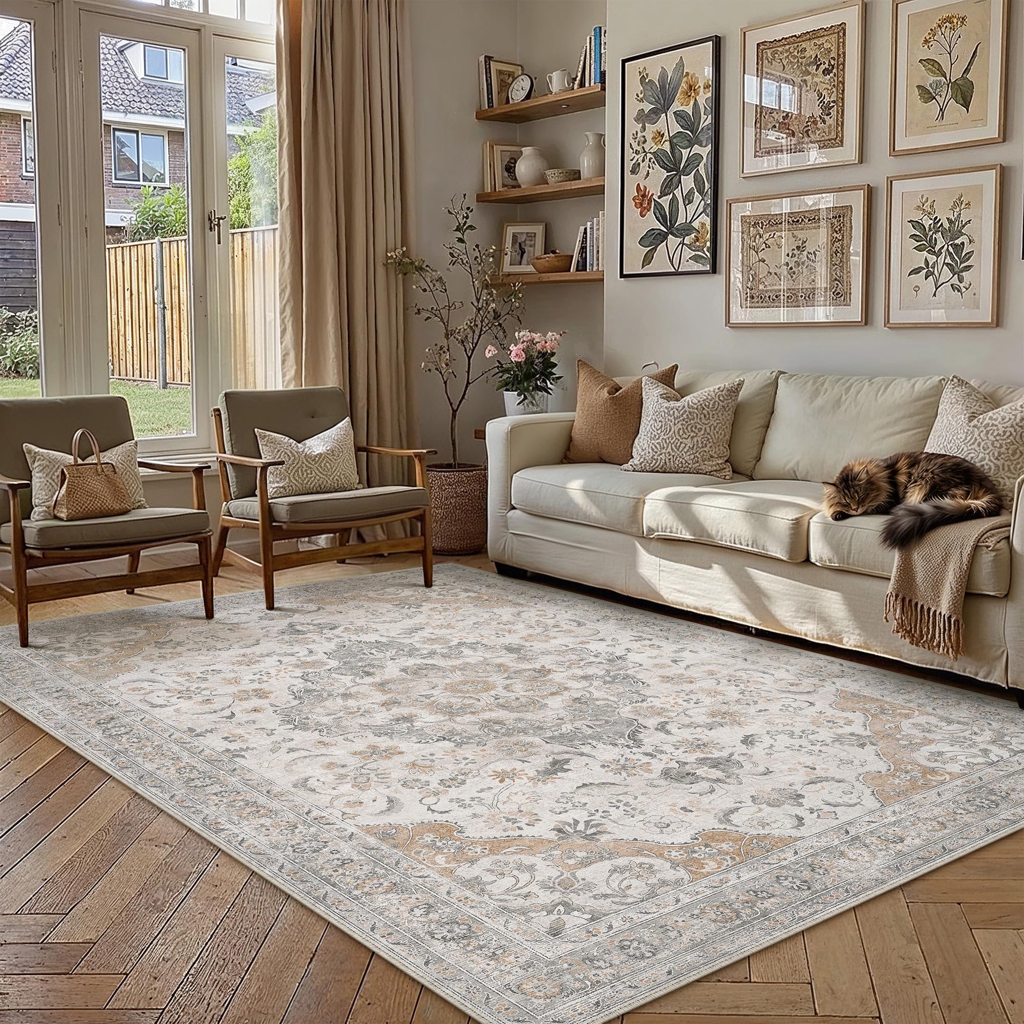 PureCozy Waschbarer Beige Teppich Wohnzimmer 160x230cm Vintage Tepiche for Living Room kurzflor rutschfest Weich Retro Orientalischer Carpet für Schlafzimmer Büro Esszimmer Bedroom
