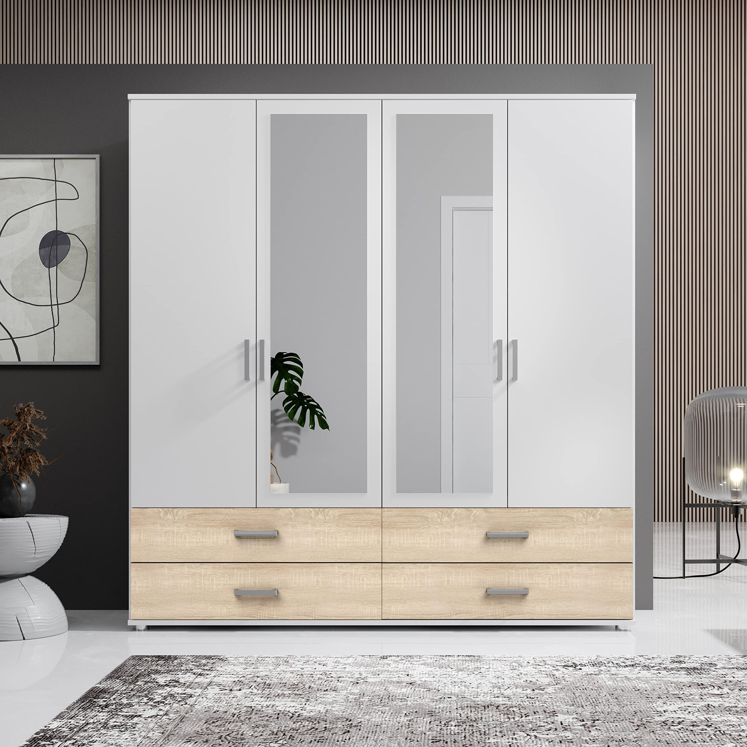 Armadio A 4 Ante Stella Trading Martina - Effetto Rovere Sonoma, Bianco, 228x213x59 Cm - Foto 2