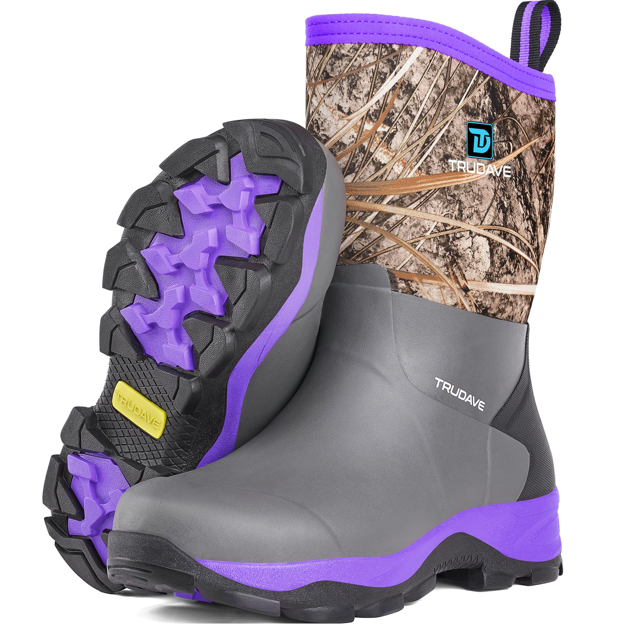 Trudave Rubber Rain Boots for Women, Neoprene Insulated Mud Work Boots, Anti-slip Breathable Mid-calf Boot for Garden, Water Fishing, Purple, Size 9