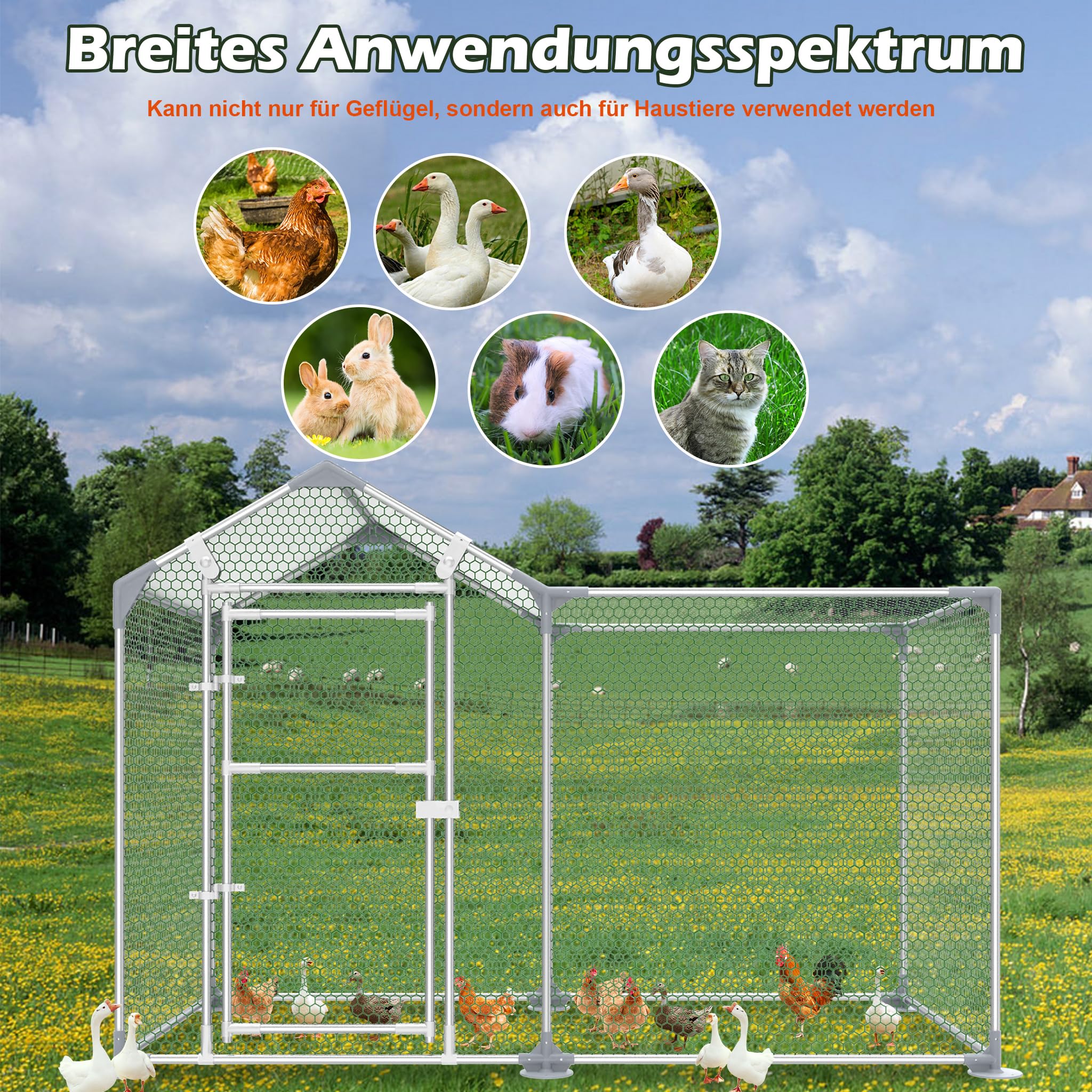 LARS360 Gallinero de acero galvanizado, 2 x 1 x 1,5 m con protección solar, jaula estable para gallinas con puerta con cerradura, cercado para aves de corral para pollos, patos y gansos