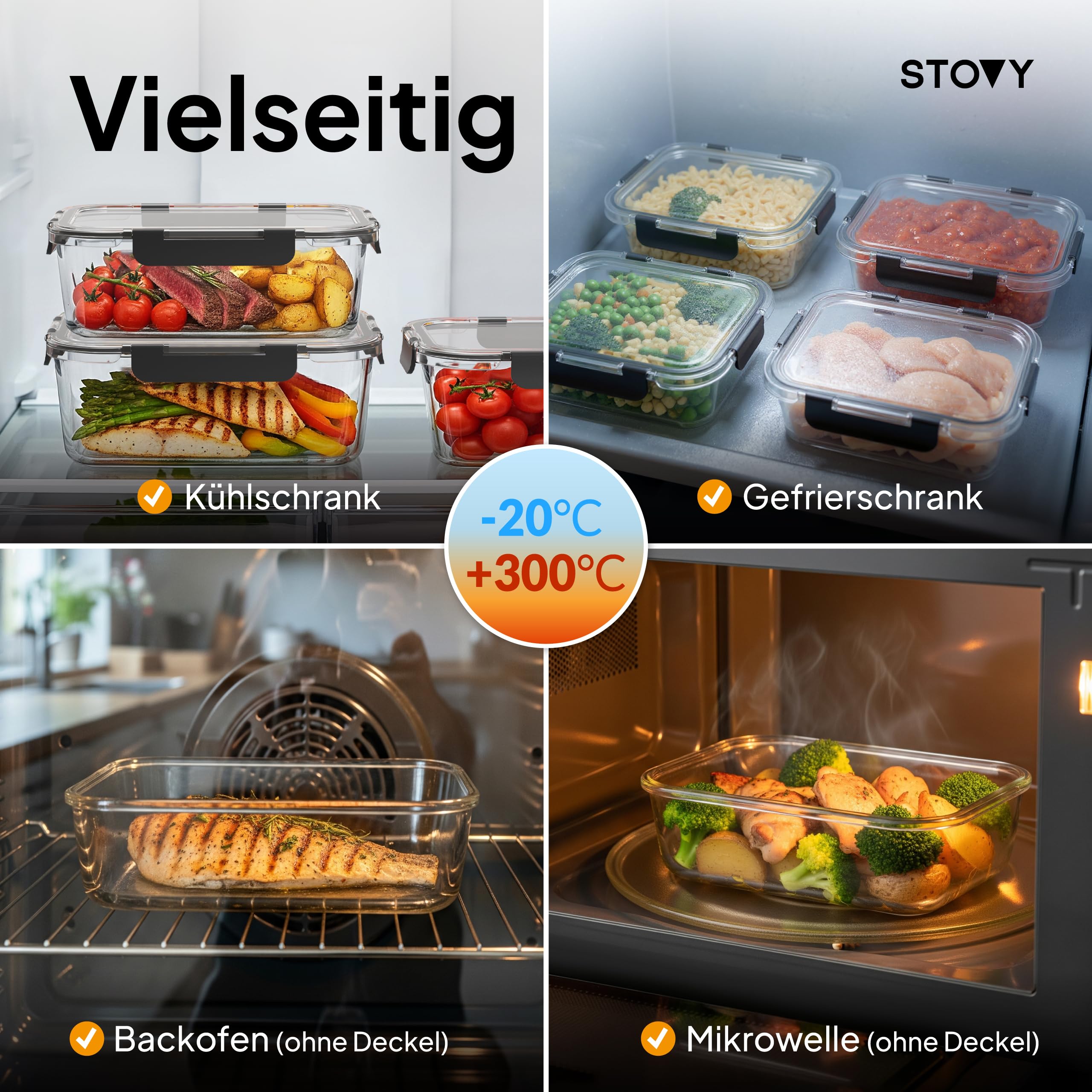 STOVY® Meal Prep - Contenitori in vetro con coperchio, 5 x 1040 ml | Ideali per pasti completi, contenitori salvafreschezza adatti per lavastoviglie, microonde e congelatore