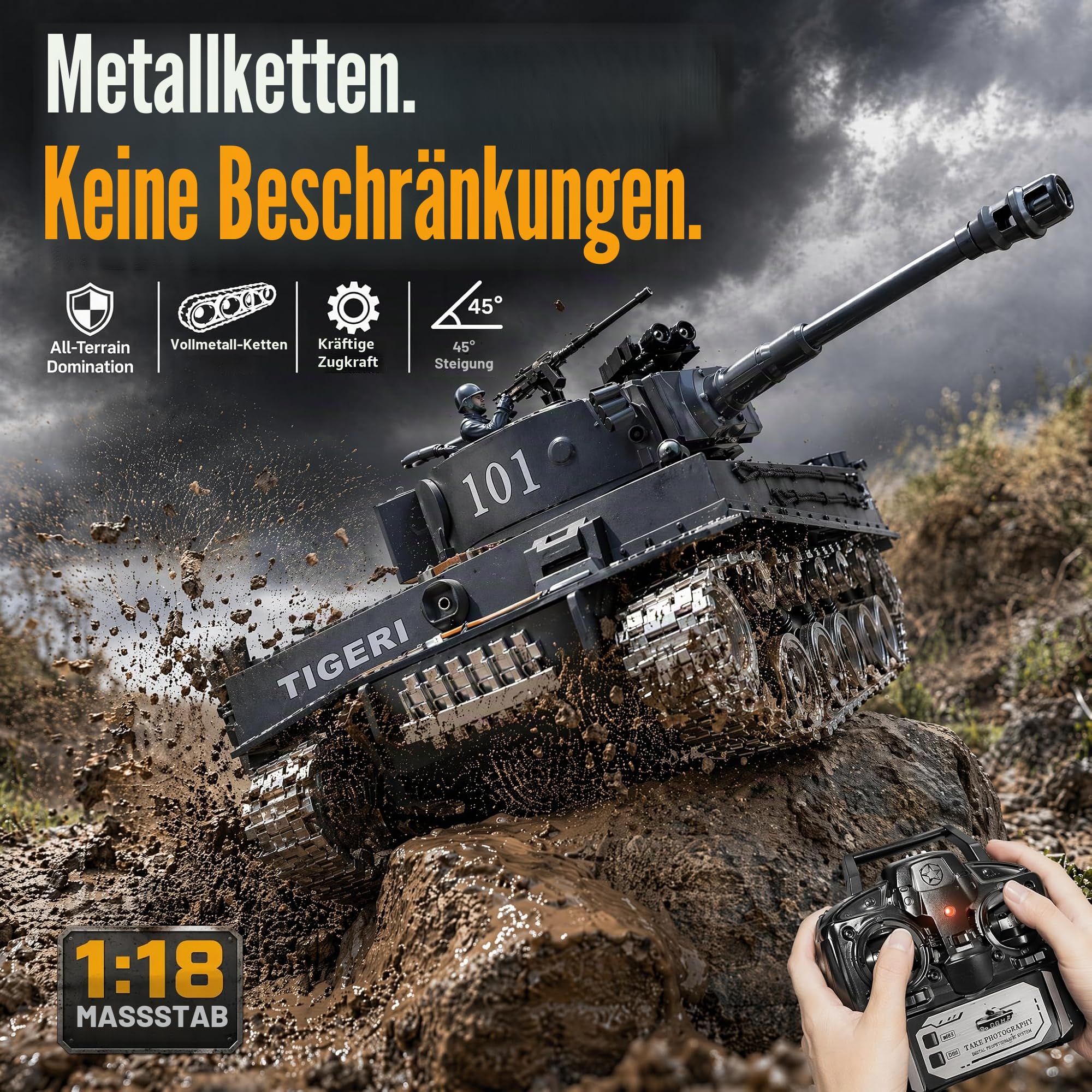 RC Panzer, 1:18 Modell Bausatz Set Projekt Geschenkset | Ferngesteuerter Panzer: Metallketten, Kletterkraft, Rückstoßeffekt, Rauch, Sound und starkes Drehmoment; Outdoor-Fahrten