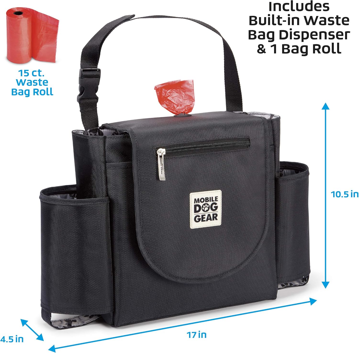 Mobile Dog Gear, Car Seat Back Organizer Travel Bag, Includes Built-in Waste Bag Dispenser and 1 Bag Roll, Black, Meets Airline Requirements