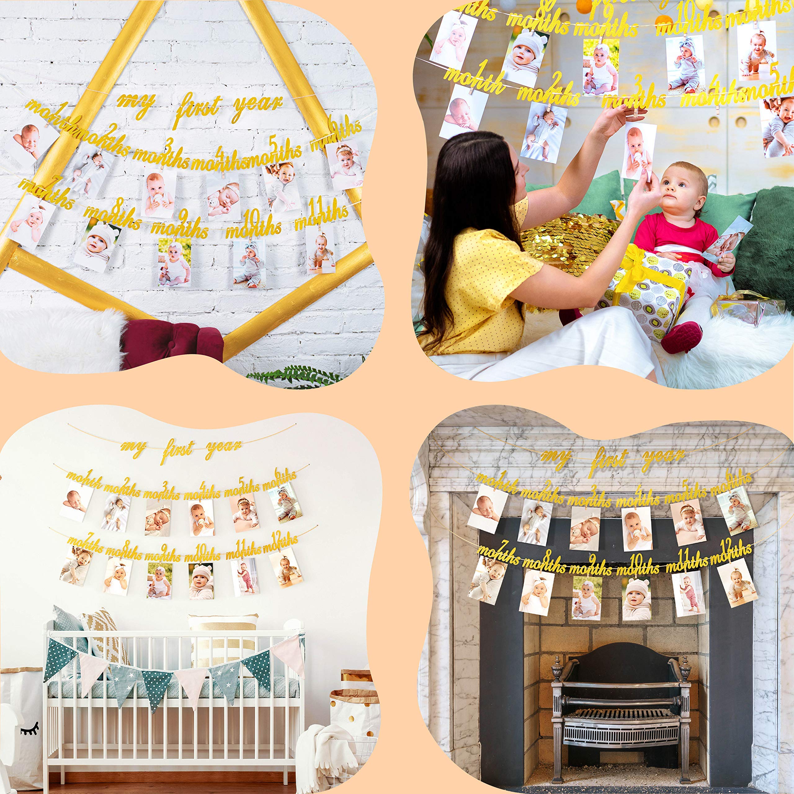 Festiko First Birthday Photo Banner | 12 Month Photo Banner for 1st Year | Gold 1st Birthday Garland with Glitters for Boy or Girl | Baby Monthly Milestone Picture Banner | Unique Party Decoration 1
