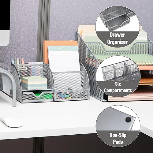Miniatura 4 de Mind Reader Organizador de escritorio de 7 compartimentos, almacenamiento de archivos y accesorios, organizador de oficina de malla metálica para