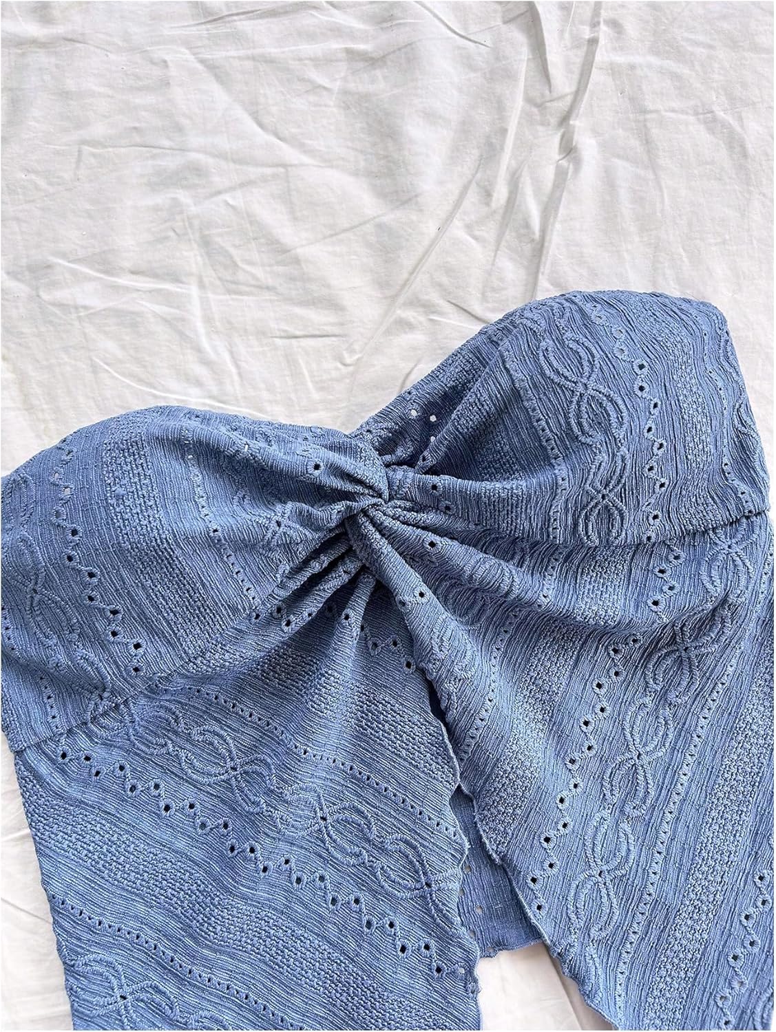 WDIRARA Women's Textured Twist Split Front Strapless Bandeau Tops Sleeveless Asymmetrical Tube Crop Tops - Image 3