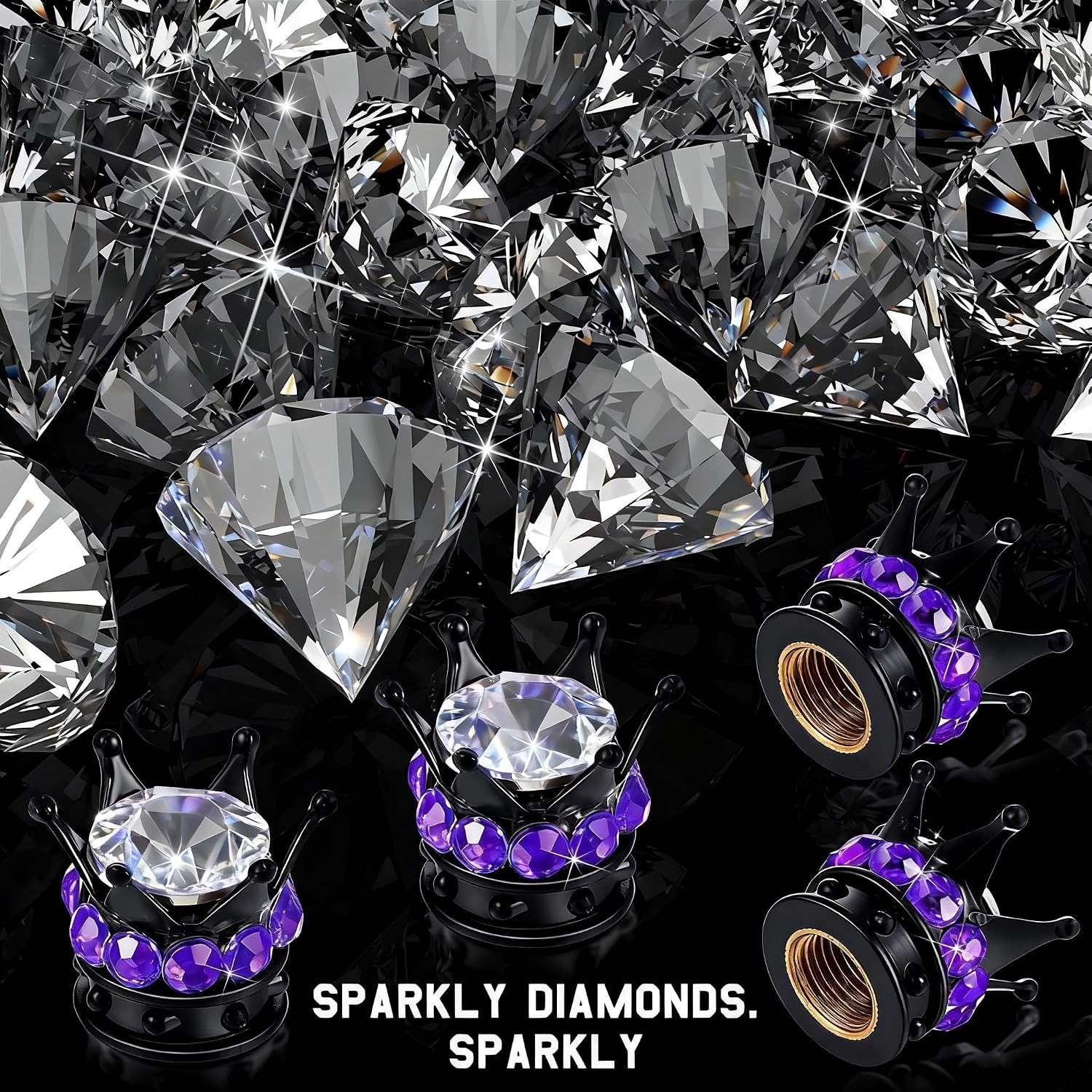 4-Piece Crown Tire Valve Cap Set, Shimmering Handcrafted Crystal Rhinestone Universal Chrome-Plated Crown Car Tire Caps, Fashion Accessories for Car (Black+Purple) image 3