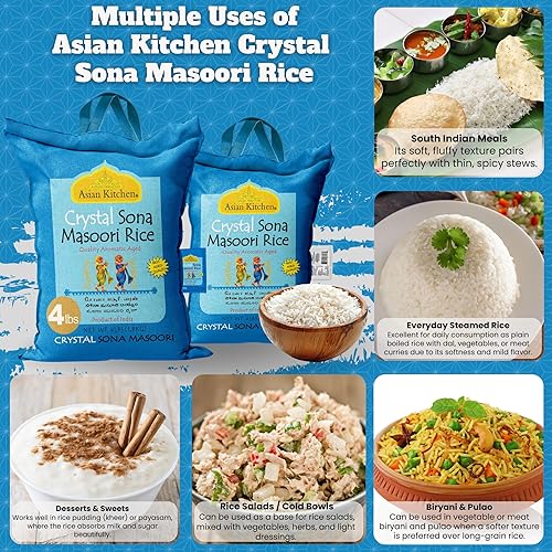 Miniatura 3 de Asian Kitchen Crystal Sona Masoori - Bolsa de arroz envejecido de 4 libras, 4 libras (4.0 lbs) de arroz de grano corto  Todo natural  Apto para